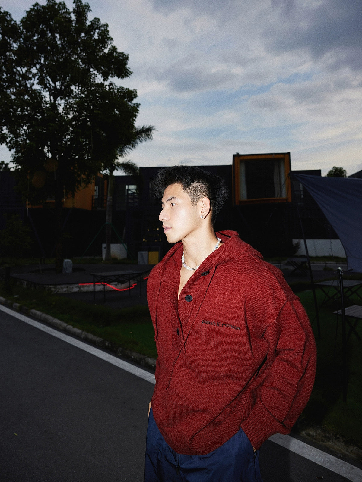 Blue Knit Hooded Henley Sweater