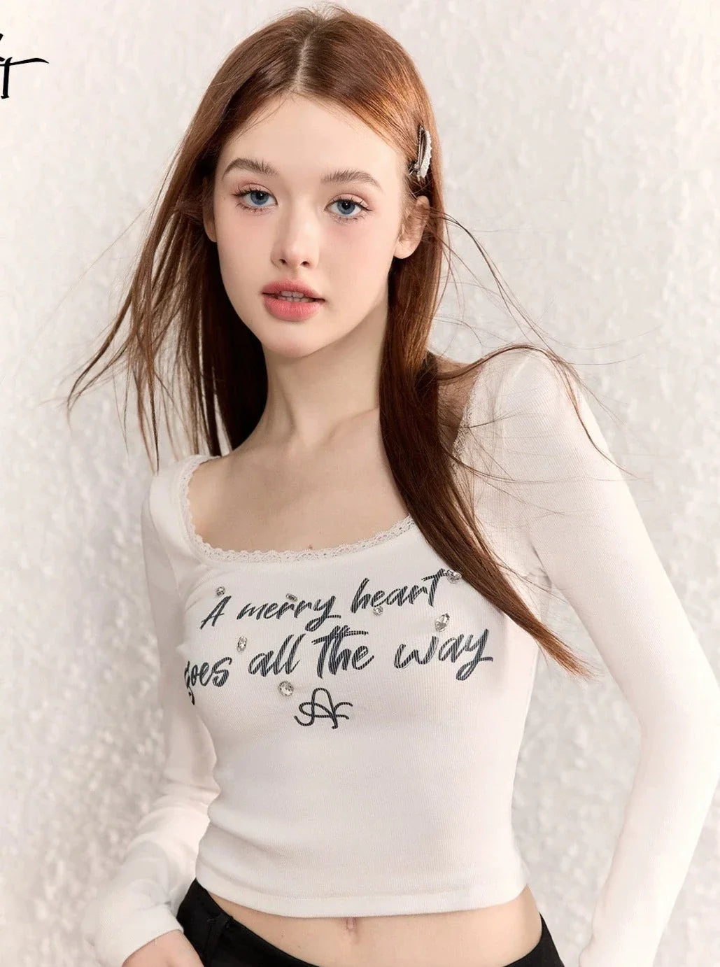 Diamond Letter Lace White Long Sleeve T-Shirt - chiclara