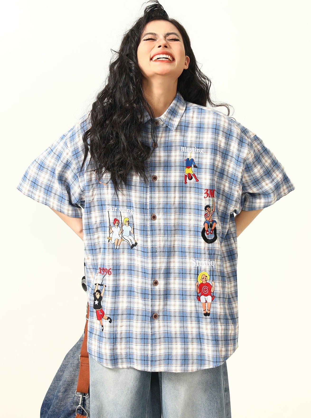 Playful Cartoon Oversized Plaid Button-Up Shirt