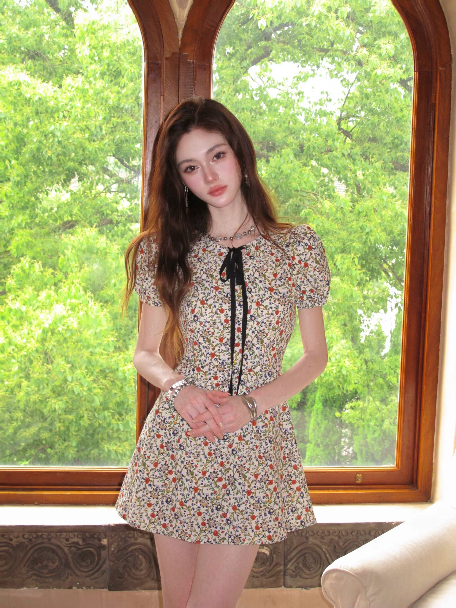 Garden Muse Bow‑Tie Floral Mini Dress