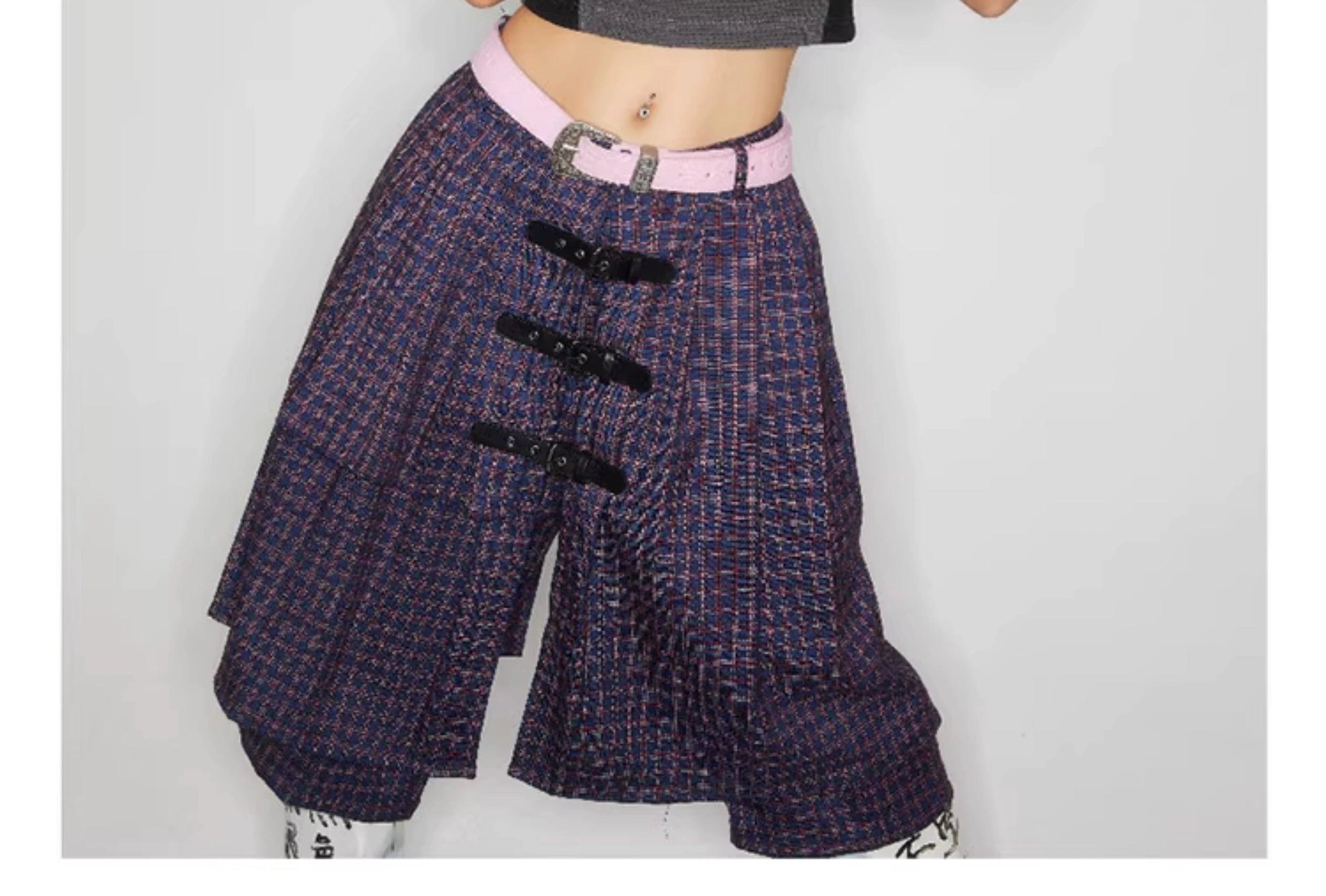 Plaid Buckle-Front Layered Skort - chiclara