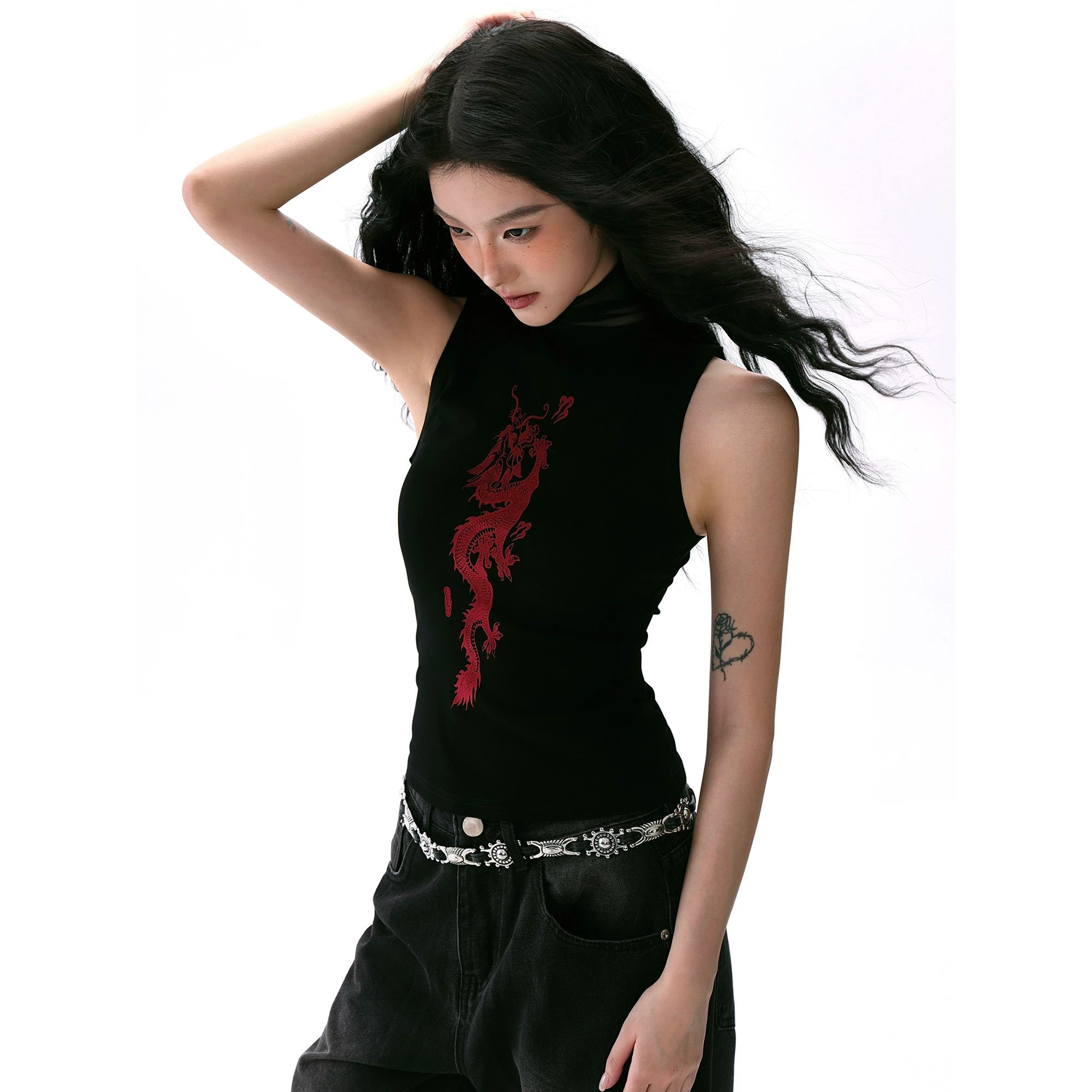 Dragon Pattern Mesh Turtleneck Sleeveless Fitted T-shirt