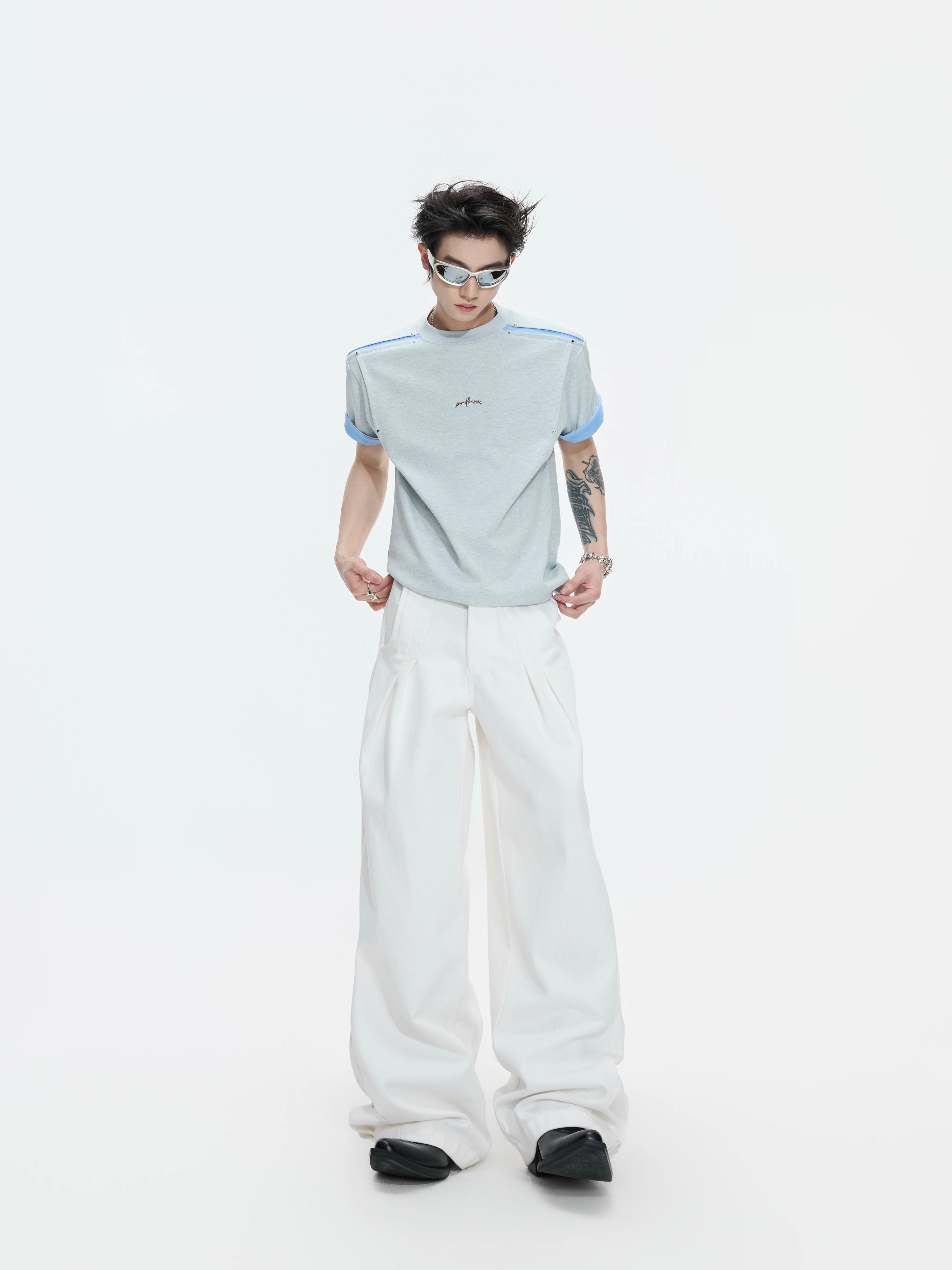 Contrast Trim Studded Shoulder T-Shirt