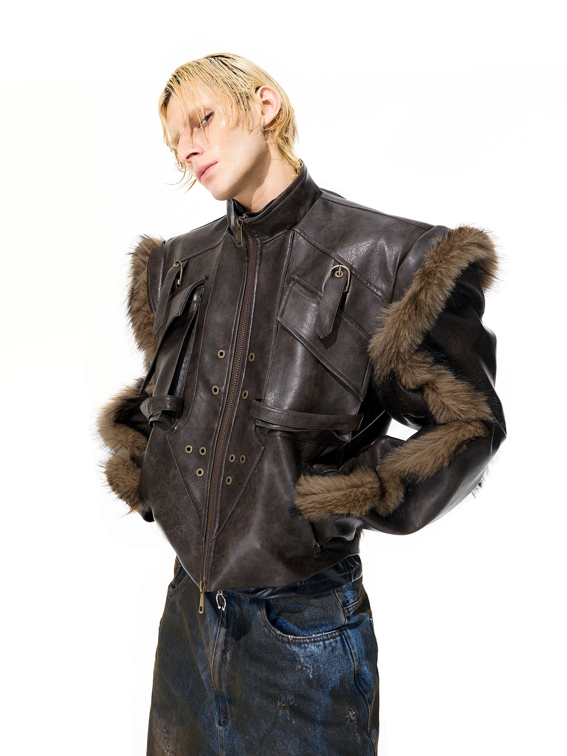 Brown Leather Fur Trim Jacket