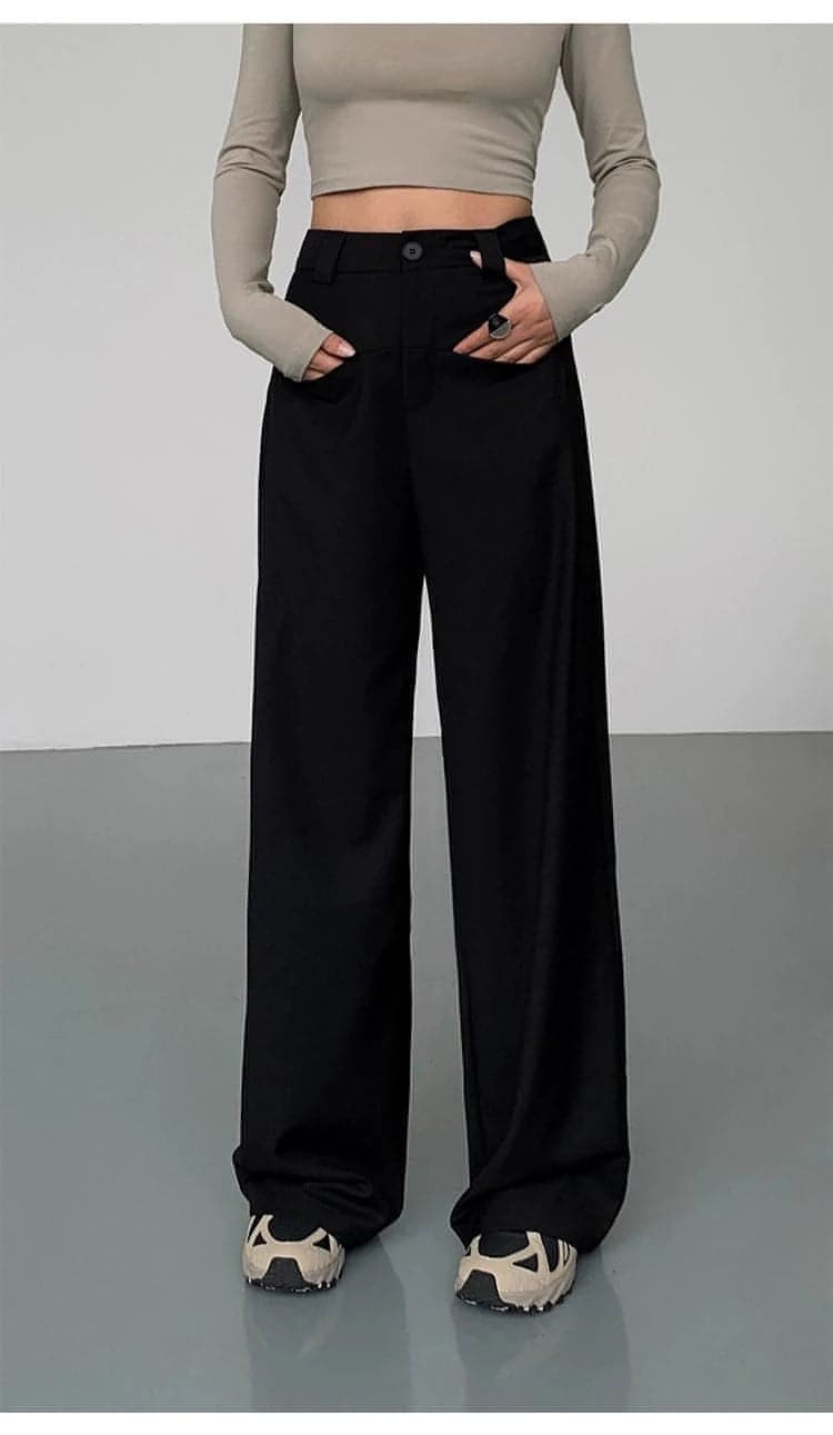 Black High-Waist Straight-Leg Suit Trousers - chiclara