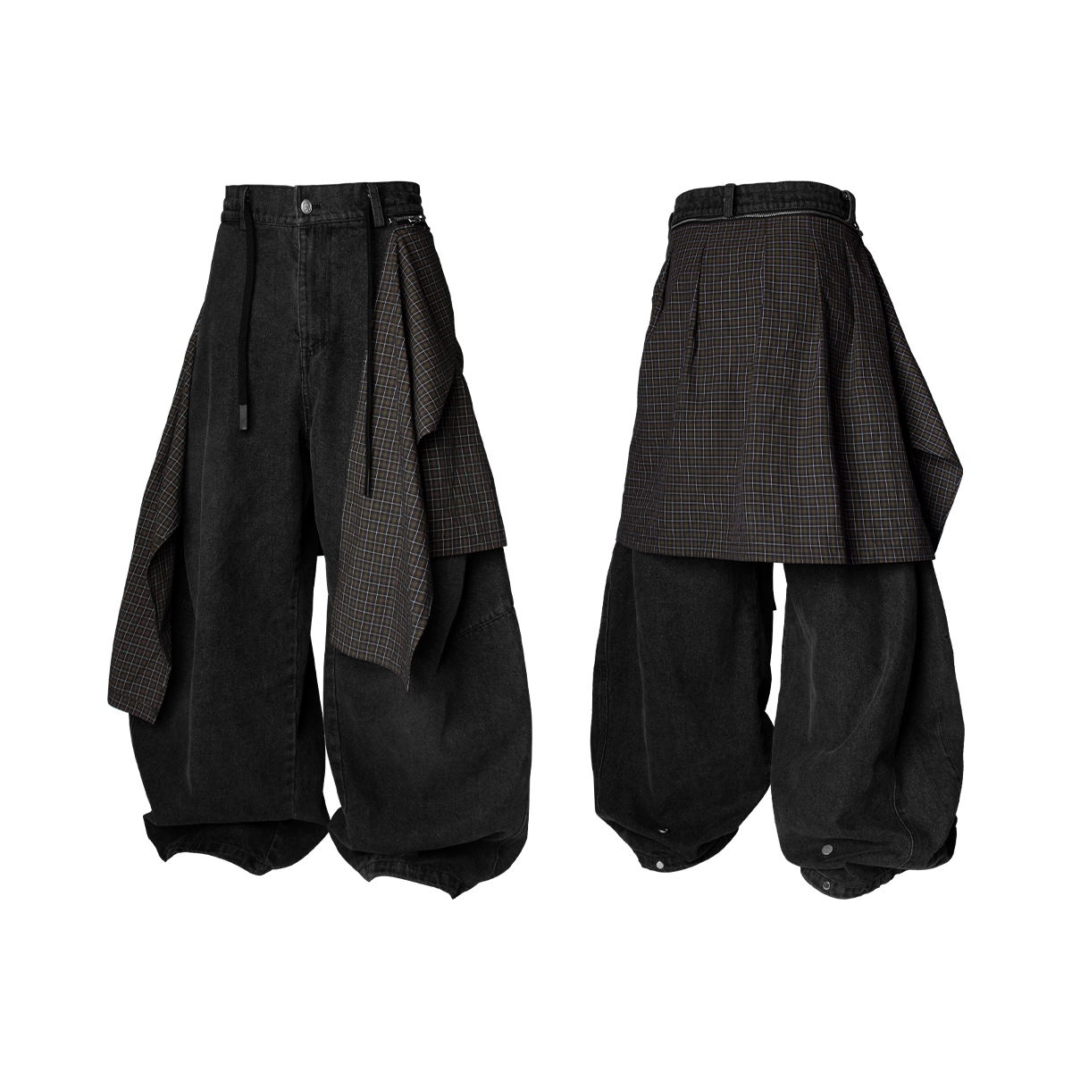 Convertible Plaid Drape Barrel Jeans