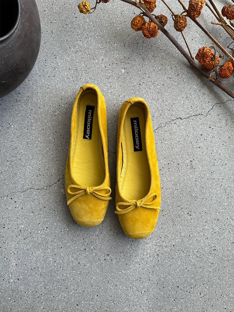 Bow-Trim Velvet Square-Toe Ballet Flats