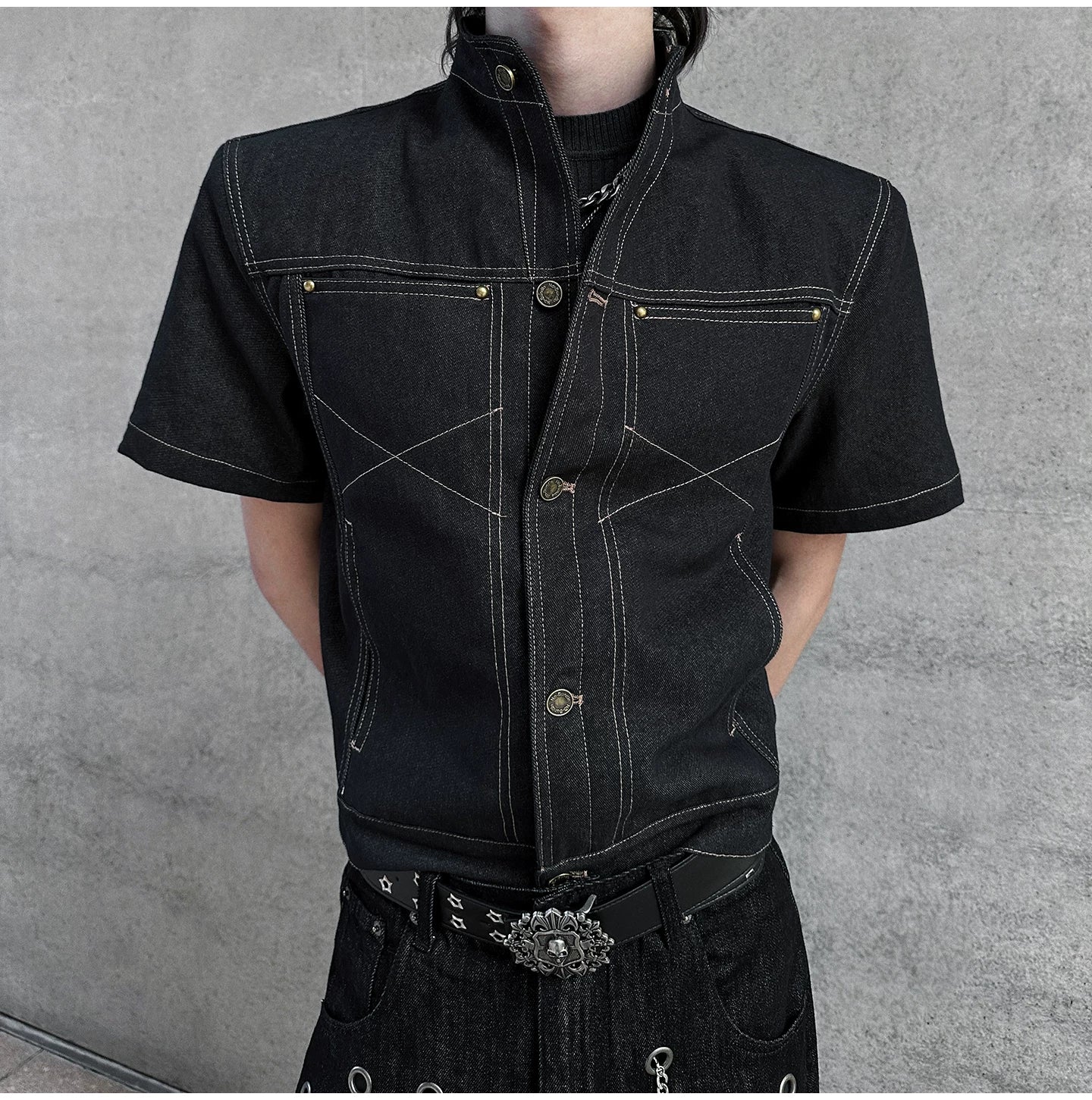 Iron Grid High-Collar Utility Denim Jacket