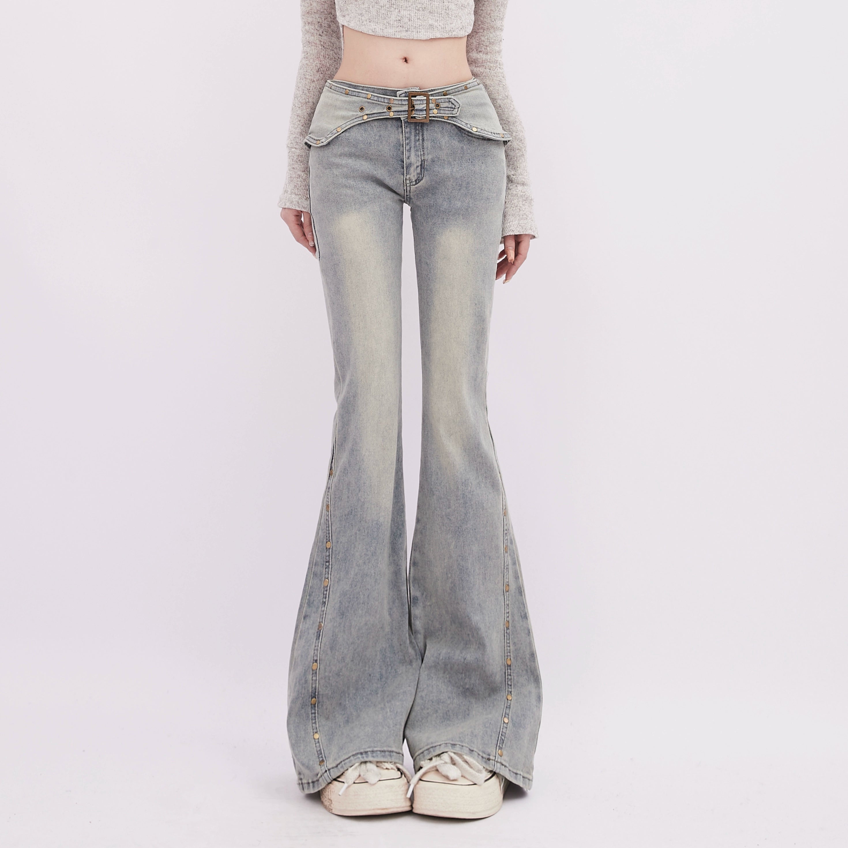 Retro Flared Jeans With Rivet Belt Detail - chiclara