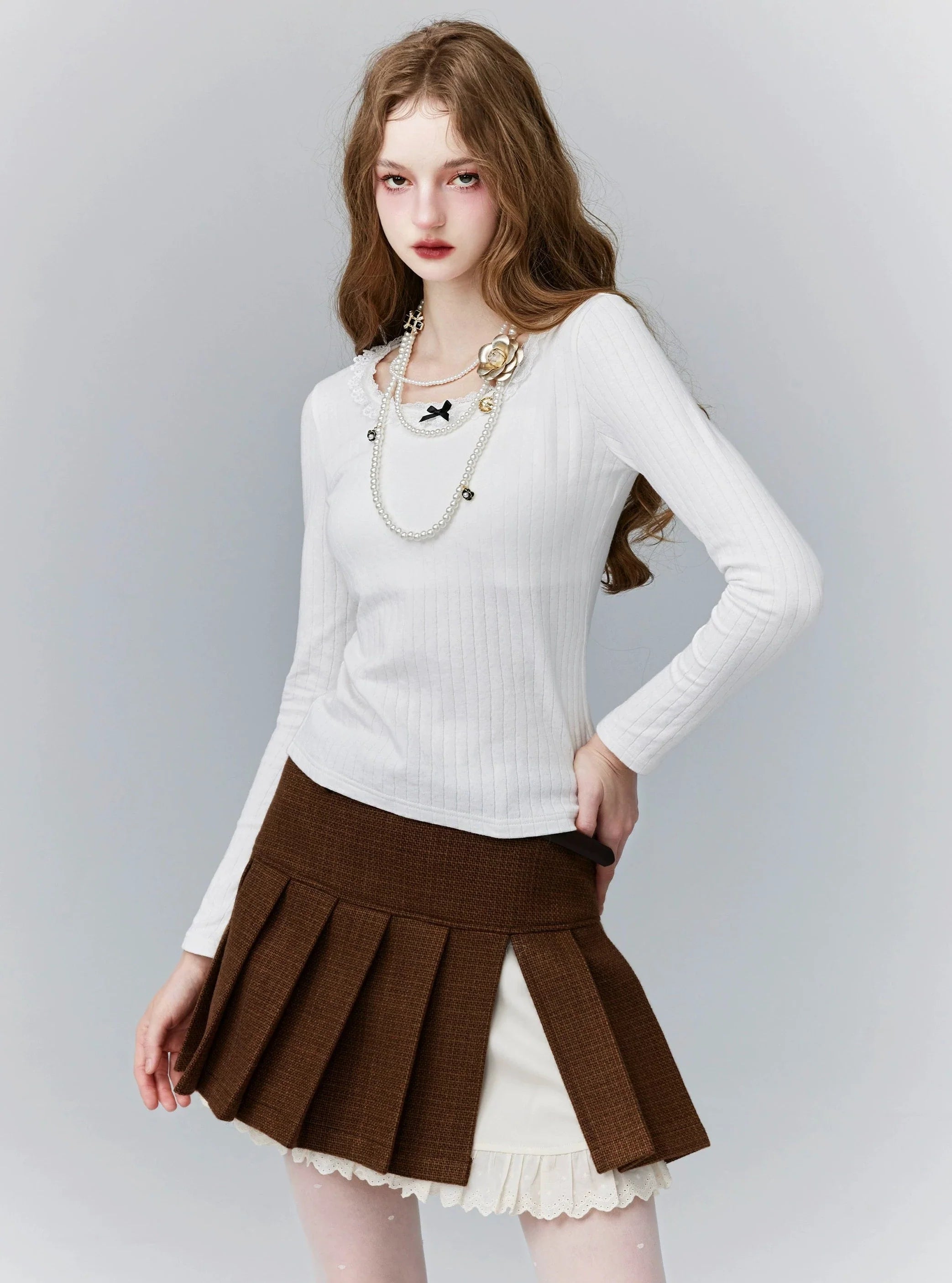 Brown Pleated Mini Skirt with White Lace Underskirt