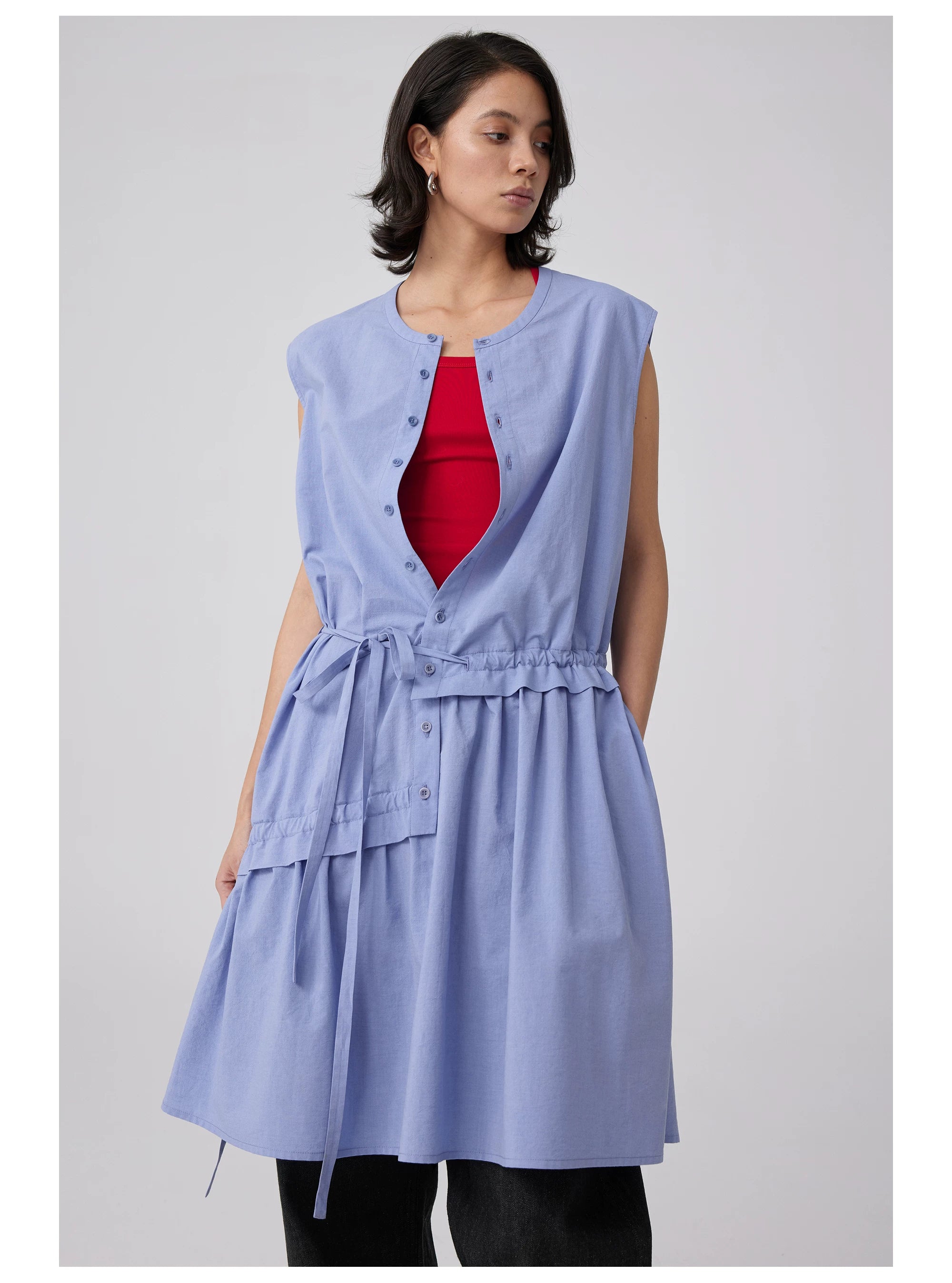 Sleeveless Button-Front Tie-Waist Dress