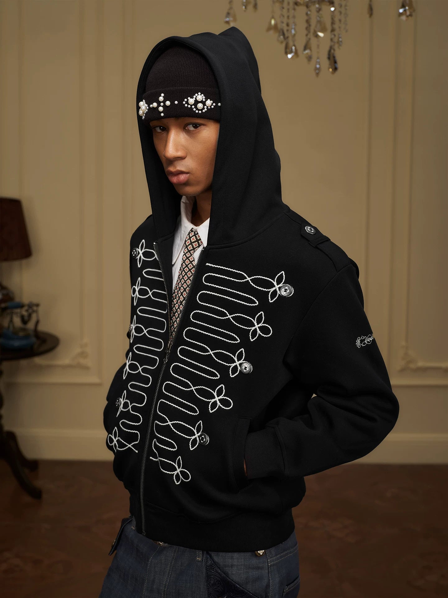 Black Military Embroidered Zip-Up Hoodie