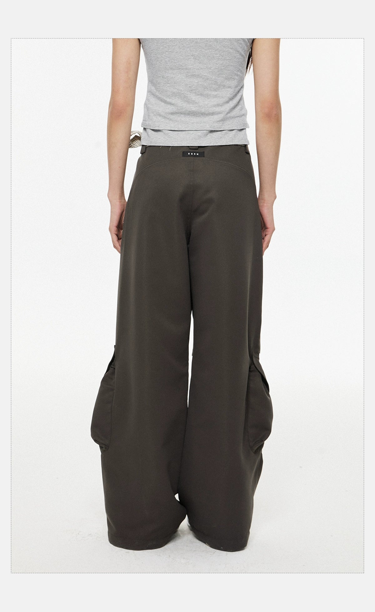 Wide-Leg Dark Cargo Pants with Striped Sash Belt