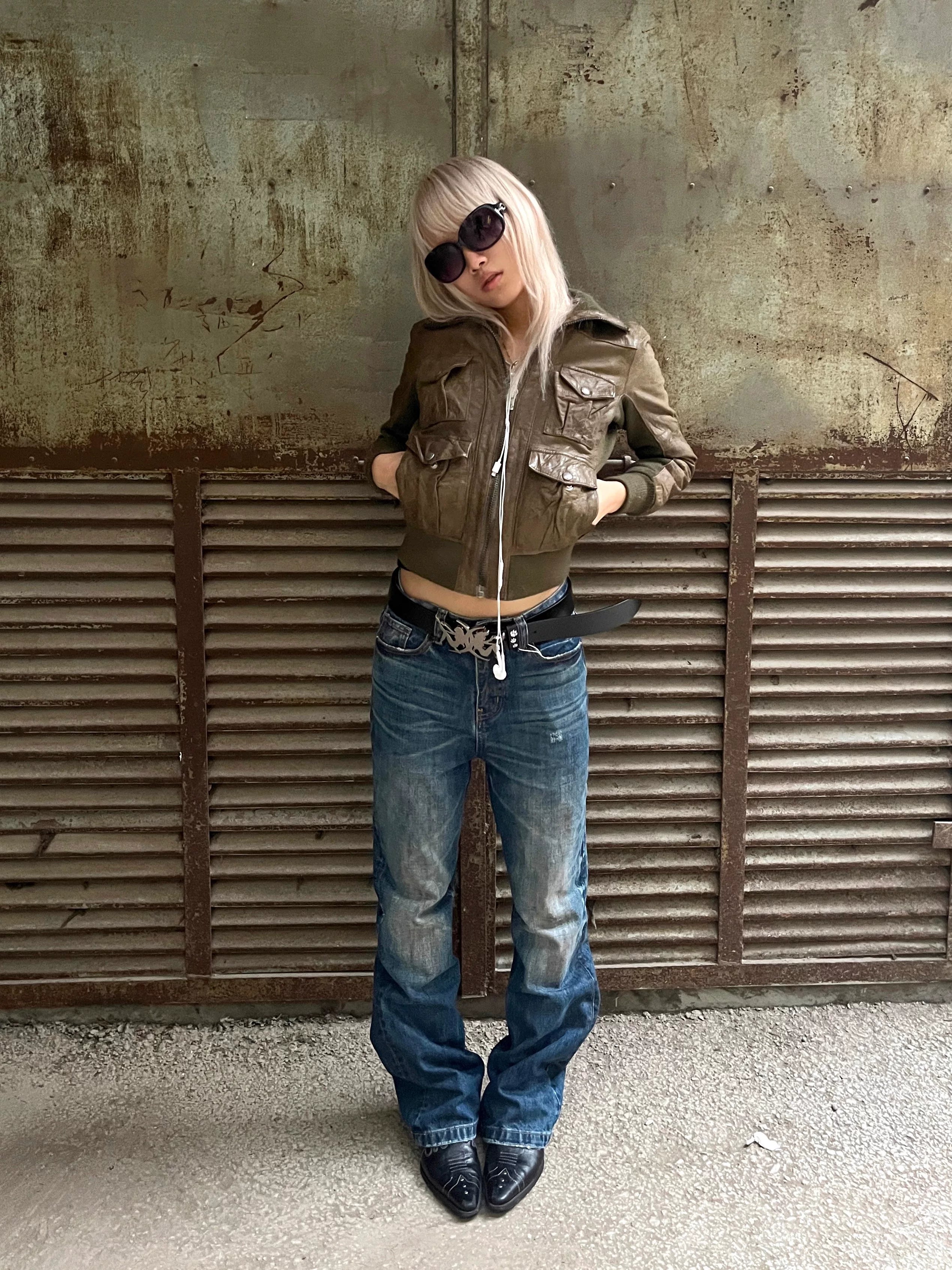 Rust‑Dyed Navy Distressed Bootcut Jeans