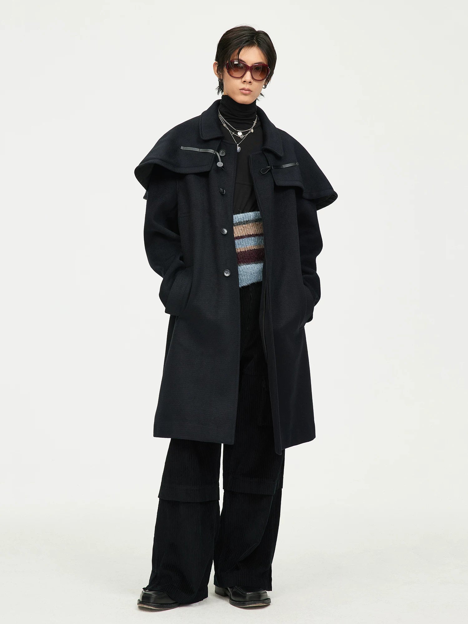 Black Cape-Detail Long Coat