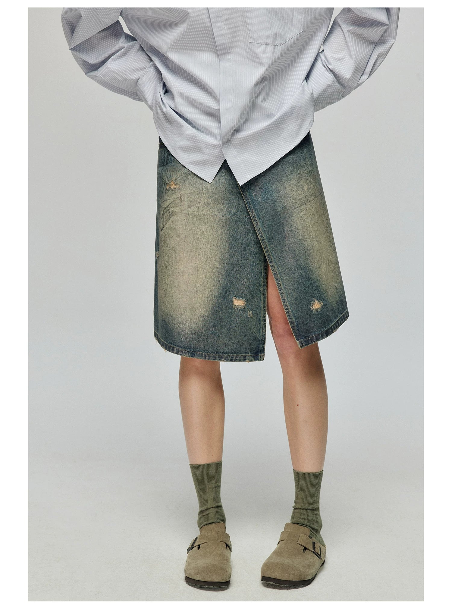 Distressed Denim Wrap Midi Skirt