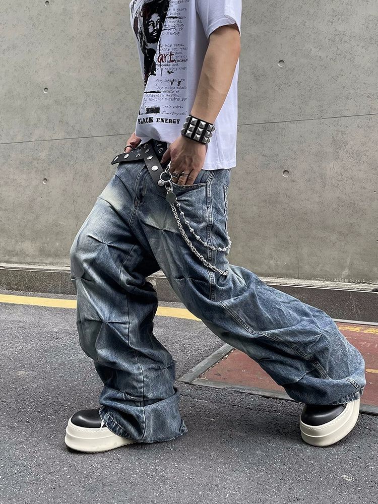 Wrinkle Design 3D Geometric Washed Jeans