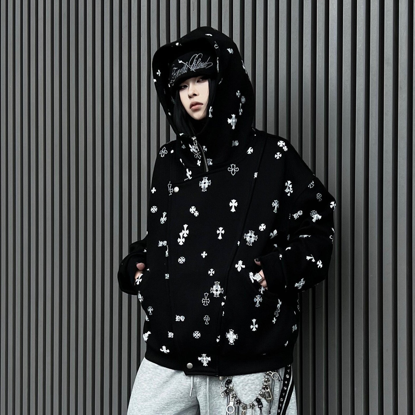 Men's Deconstructed Patchwork Double-Placket Zip-Up Hoodie