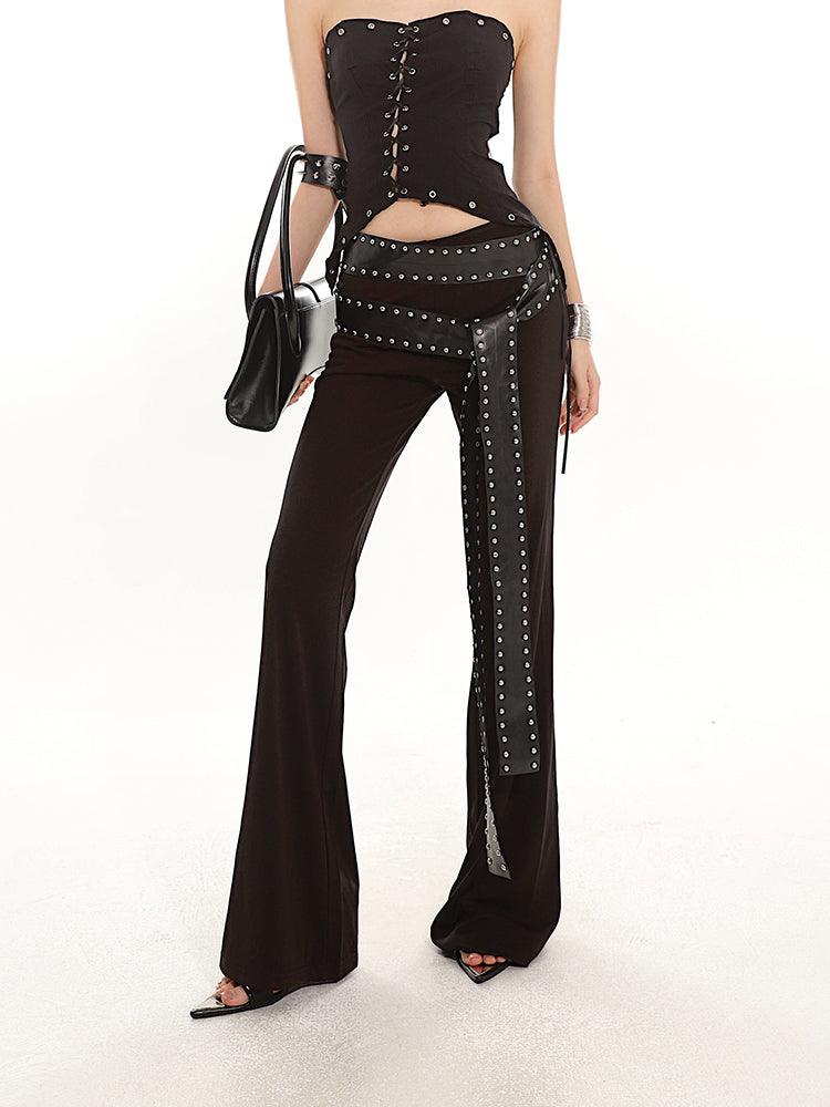 Studded Strap Flared Black Stretch Pants Set - chiclara