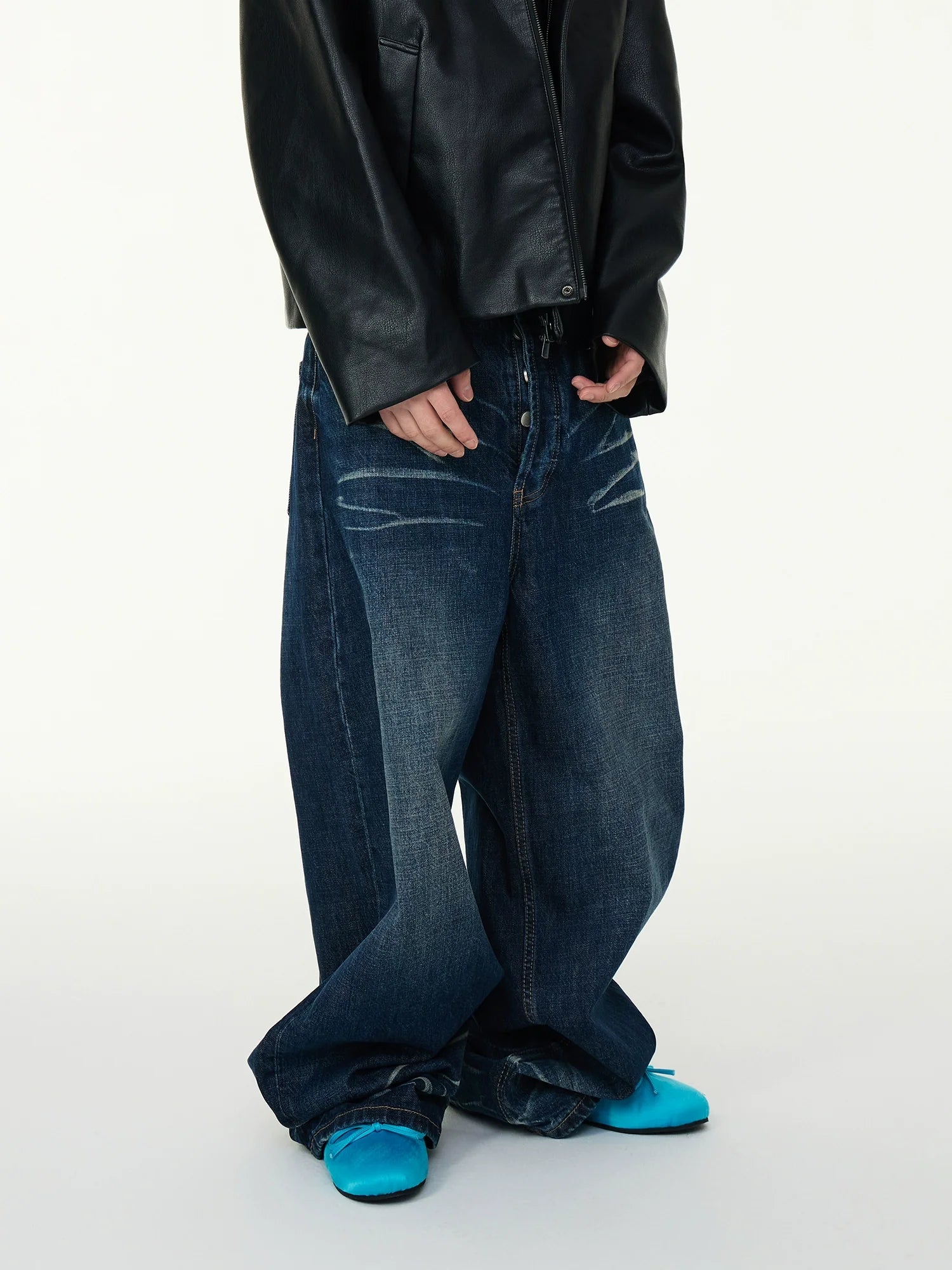 Blue Wide-Leg Whiskered Stacked Jeans