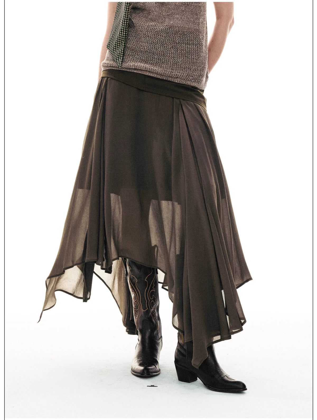 Desert Veil Asymmetric Pleated Midi Skirt