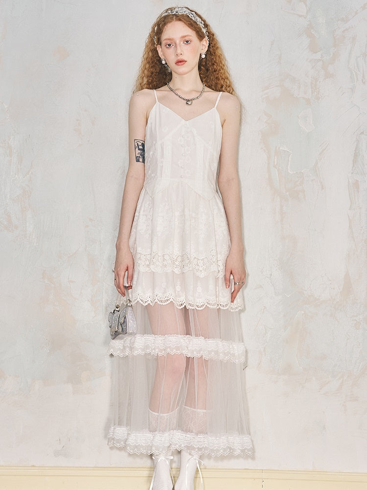 Romantic Hollow Embroidery Lace Camisole Dress - chiclara