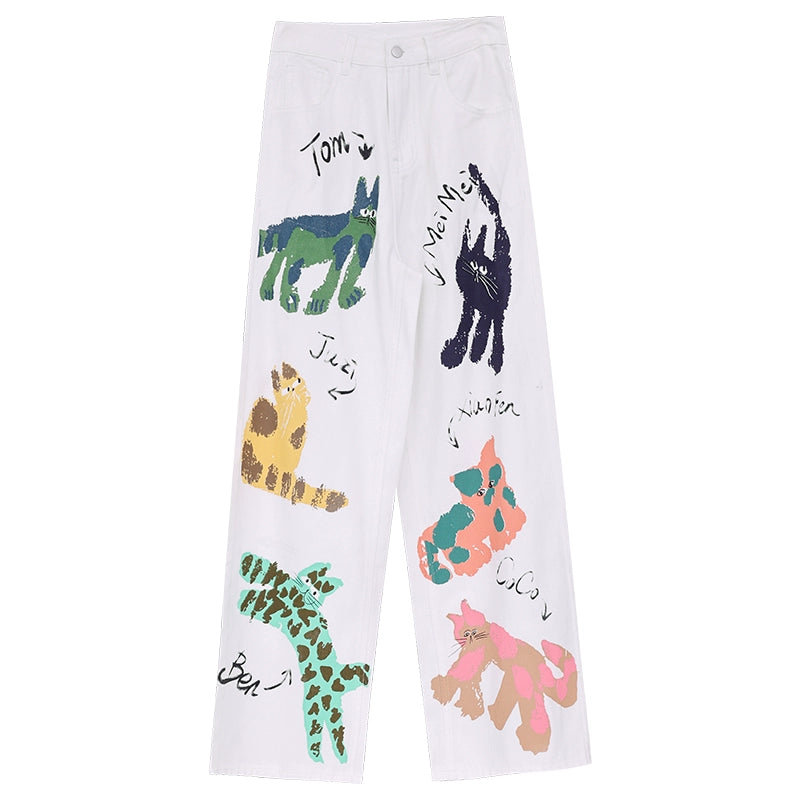 ABWEAR Whimsical Critter Doodle Wide-Leg Jeans