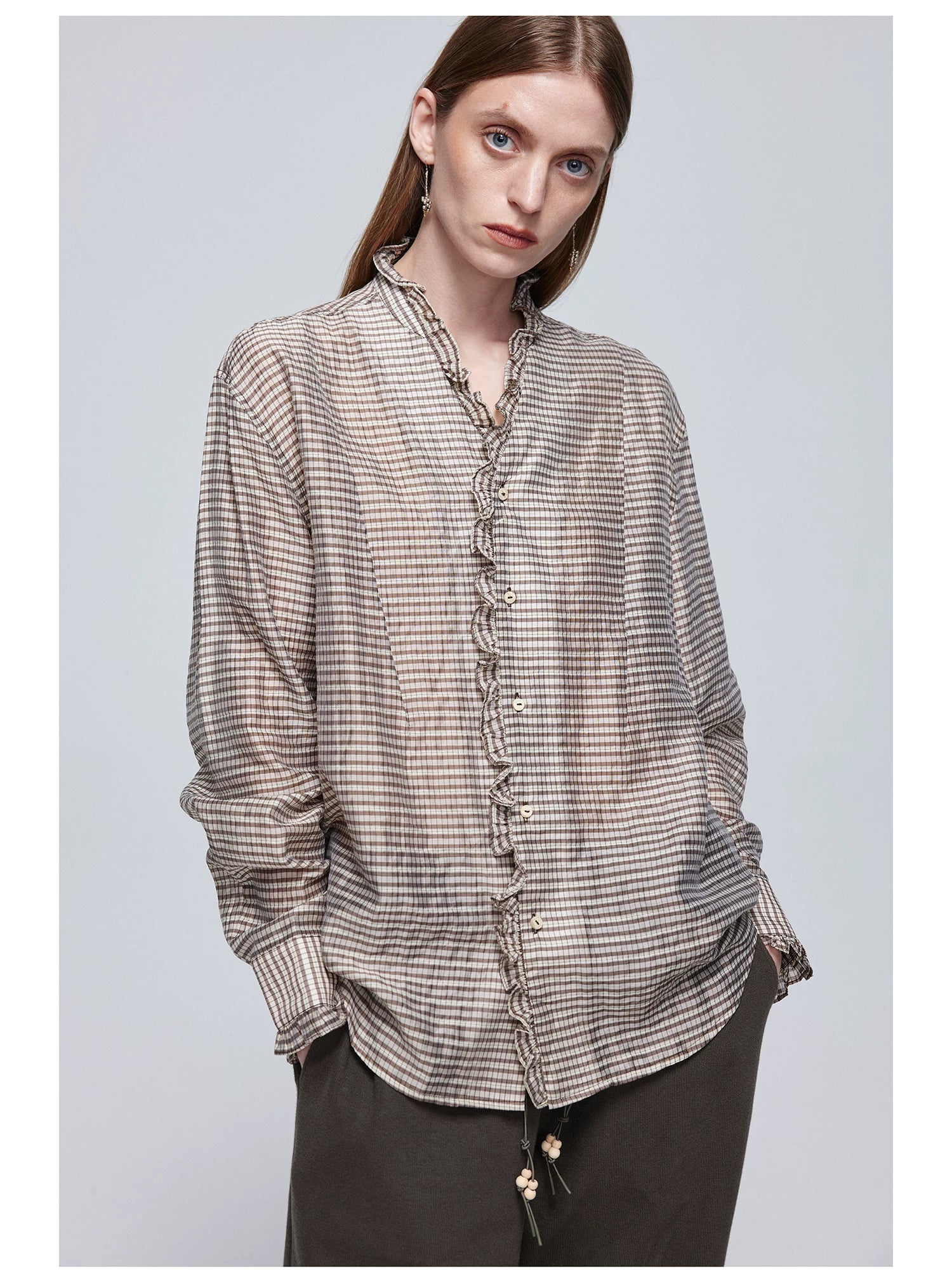 Ruffle-Trim Checked Button-Up Shirt