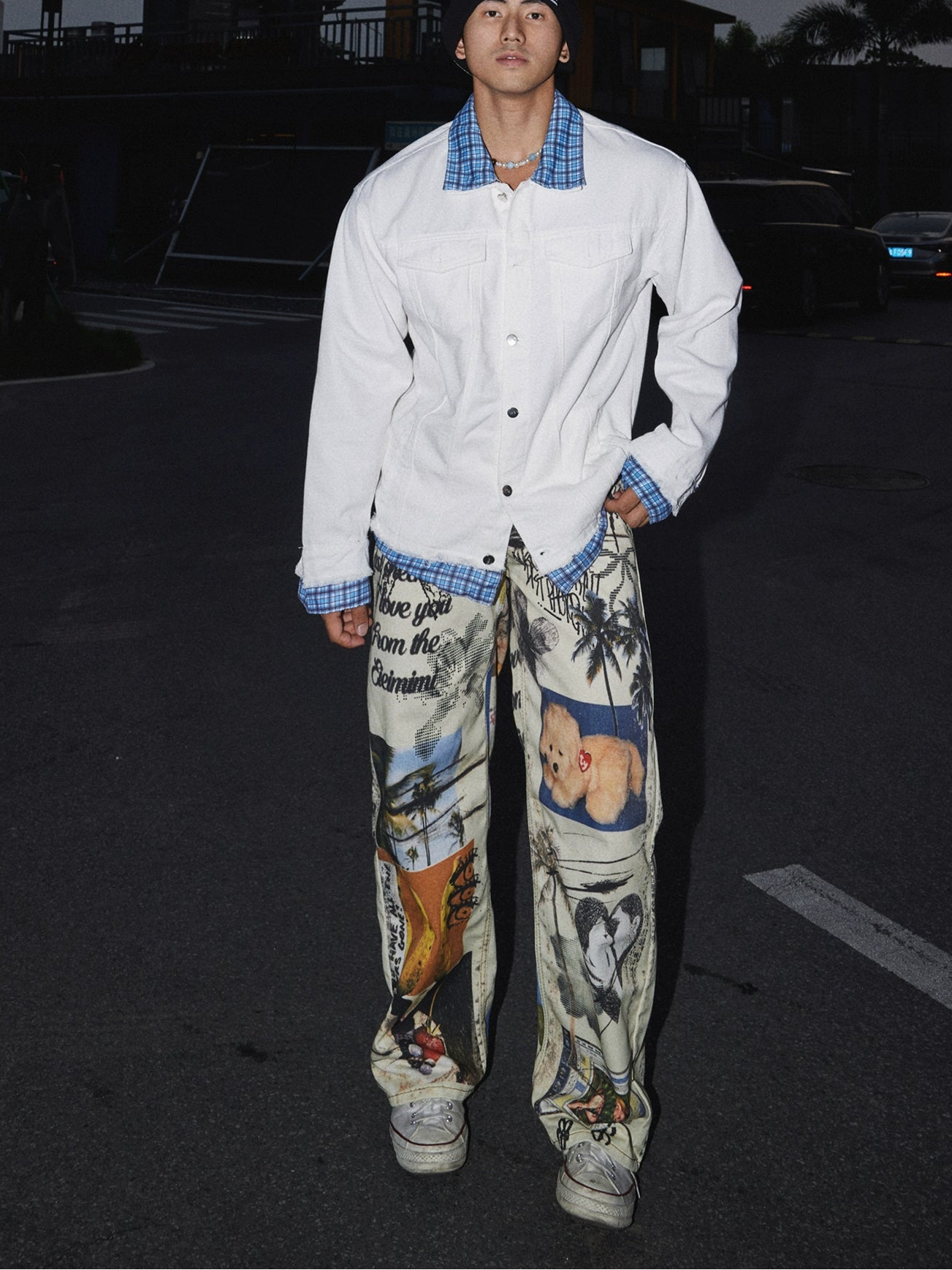 Layered Plaid Collar Denim Jacket