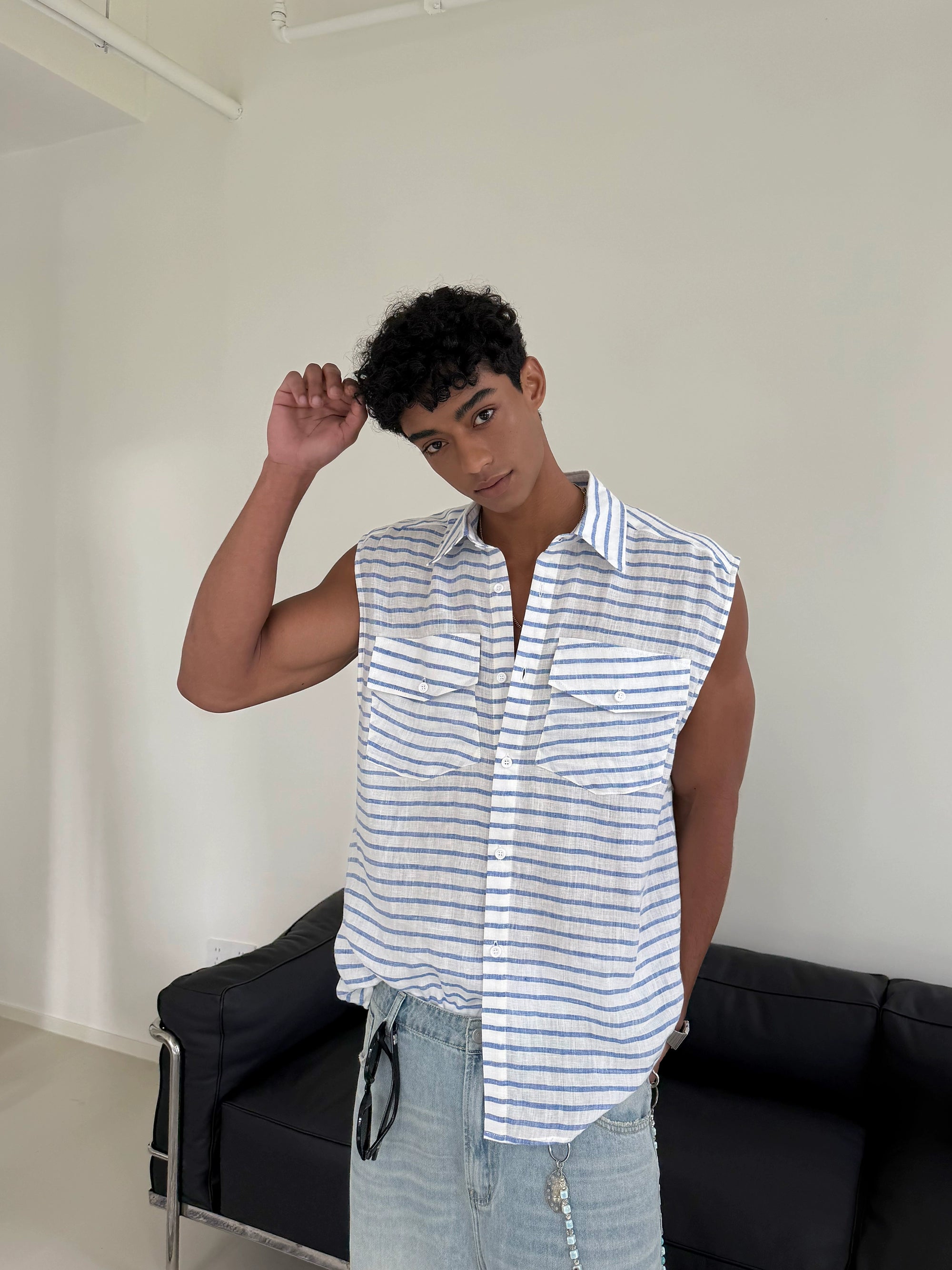 Sleeveless Blue Stripe Shirt