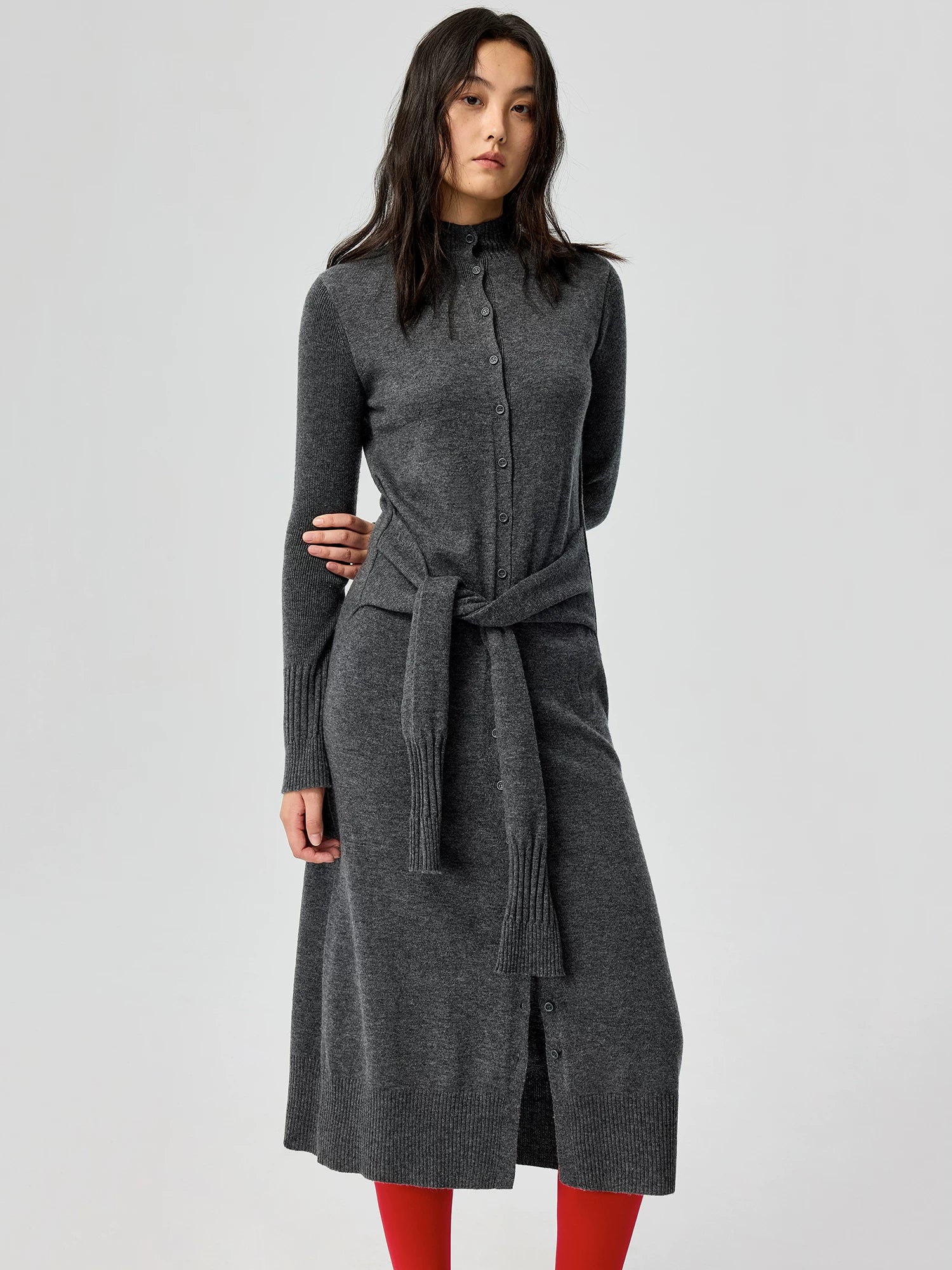 Button-Front Knit Midi Dress with Waist Tie