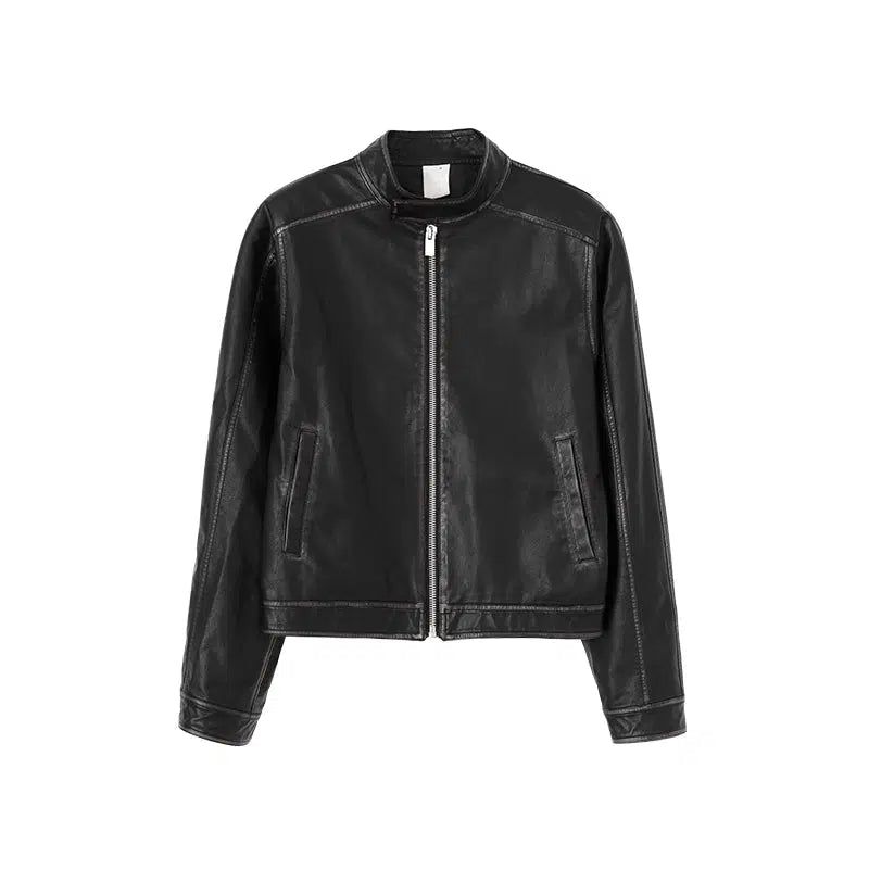 Retro Zipped Vintage PU Leather Jacket - chiclara