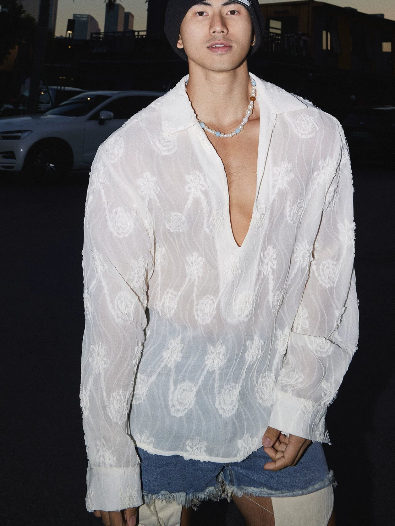 Seabreeze Sheer Embroidered Deep‑V Tunic