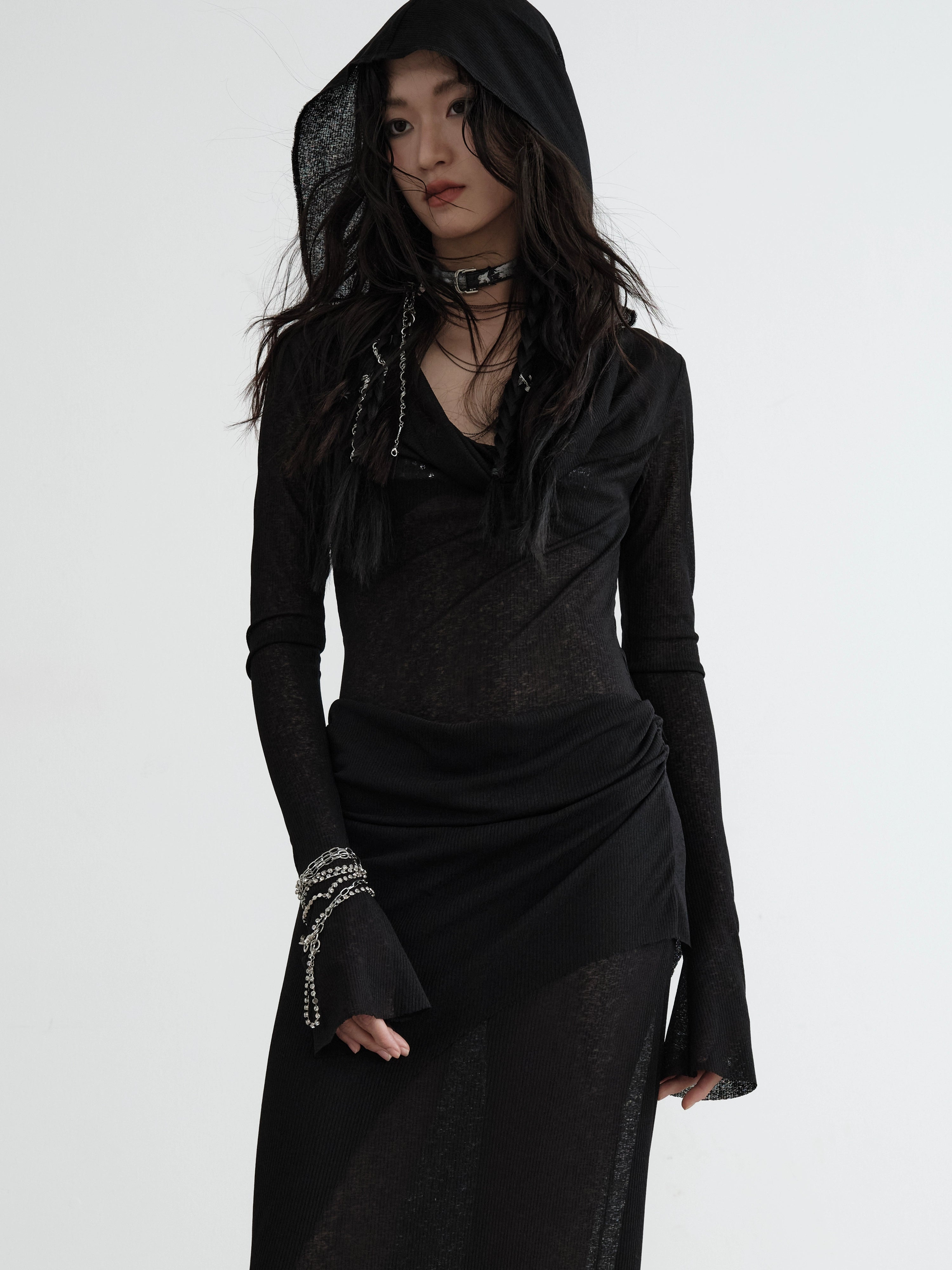 Sheer Black Hooded Maxi Dress