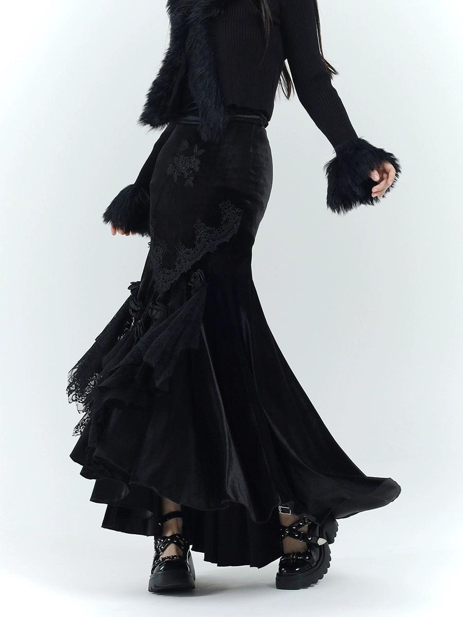 Ladyghost Gothic Velvet Maxi Dress - Women'S Black High-Low Gown With Fur Cuffs And V-Neck