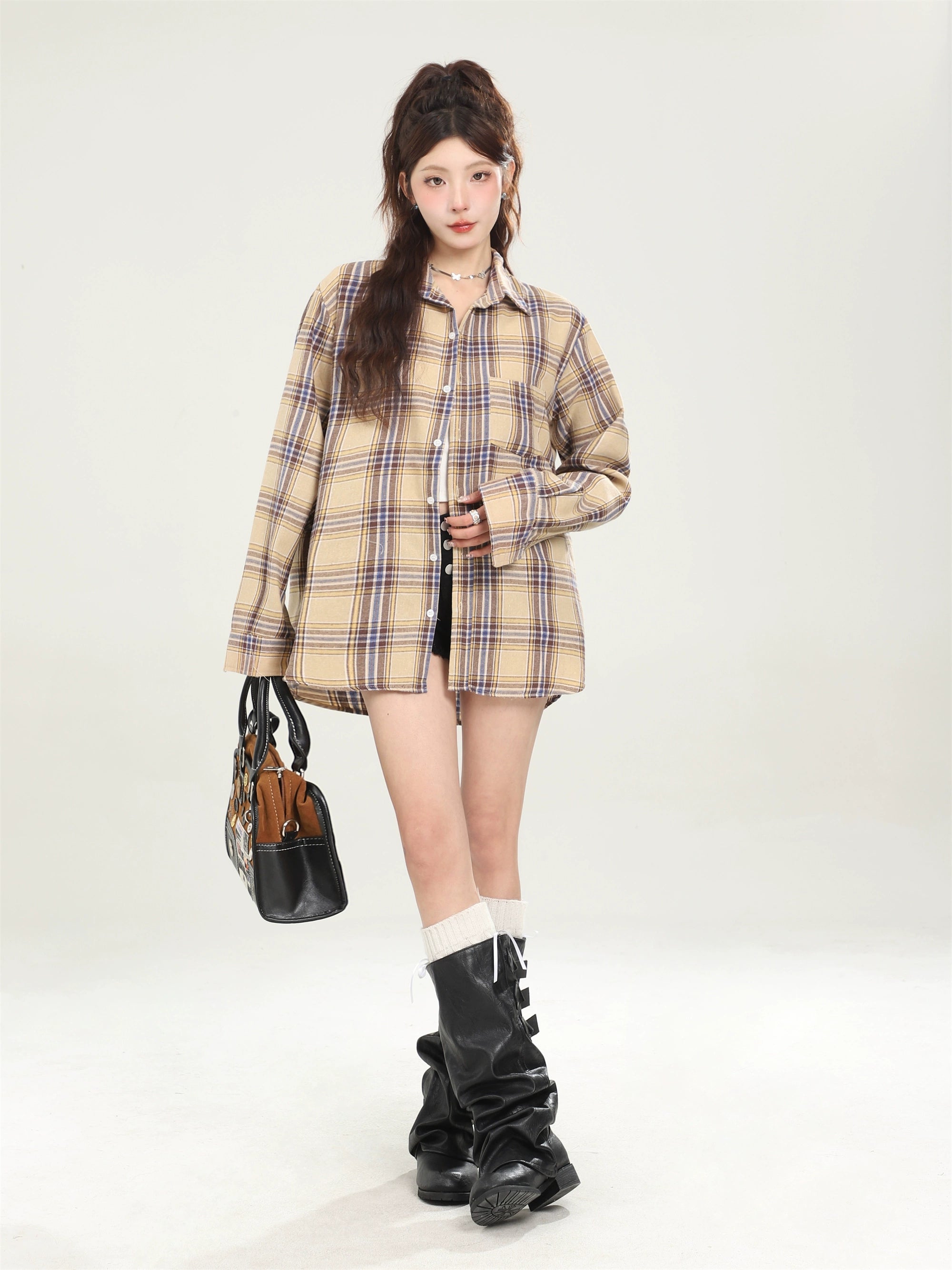 Vintage Loose Blue Plaid Shirt