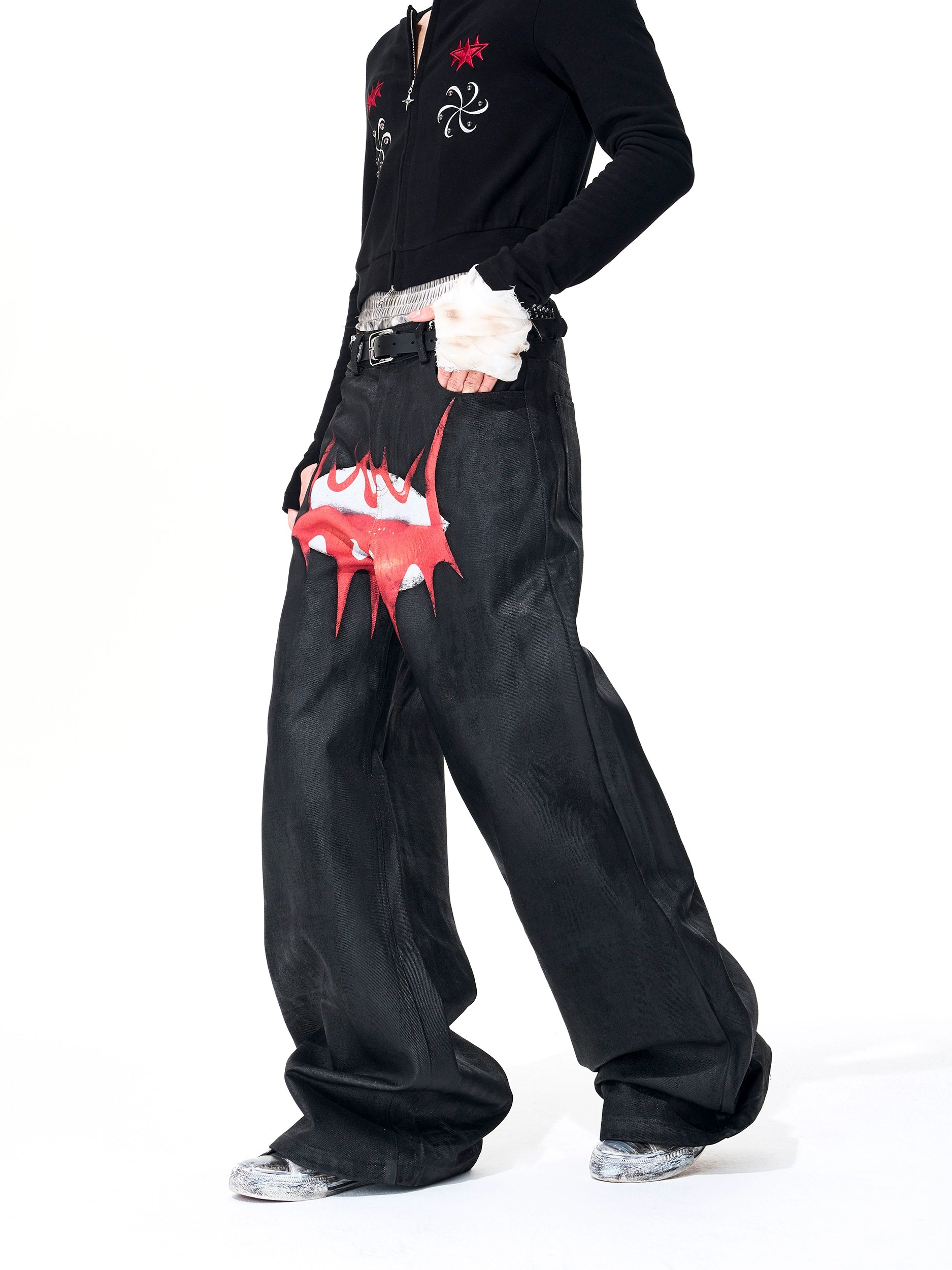 Wide Leg Black Graphic Pants