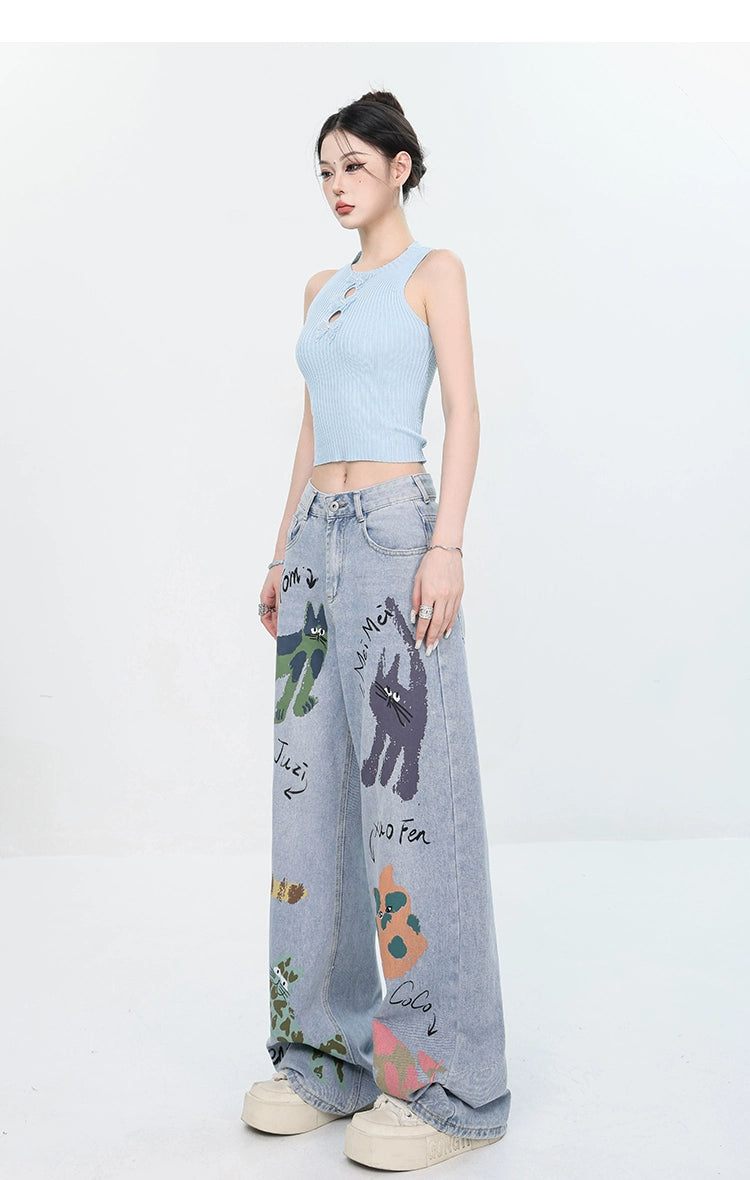 ABWEAR Whimsical Critter Doodle Wide-Leg Jeans