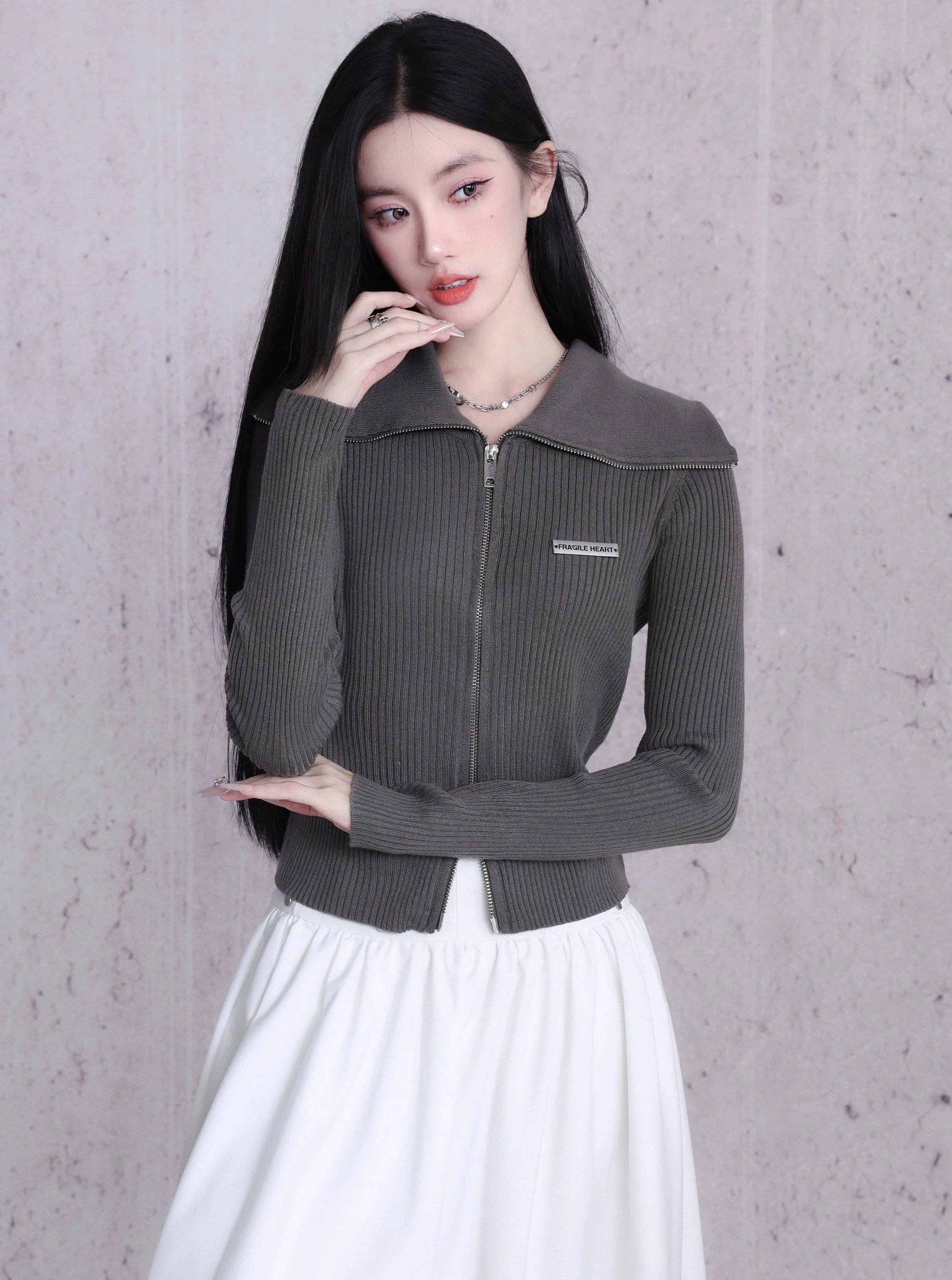 Ribbed Zip-Front Cropped Cardigan - Fitted Long Sleeve Knit Top in Black, Grey, and White