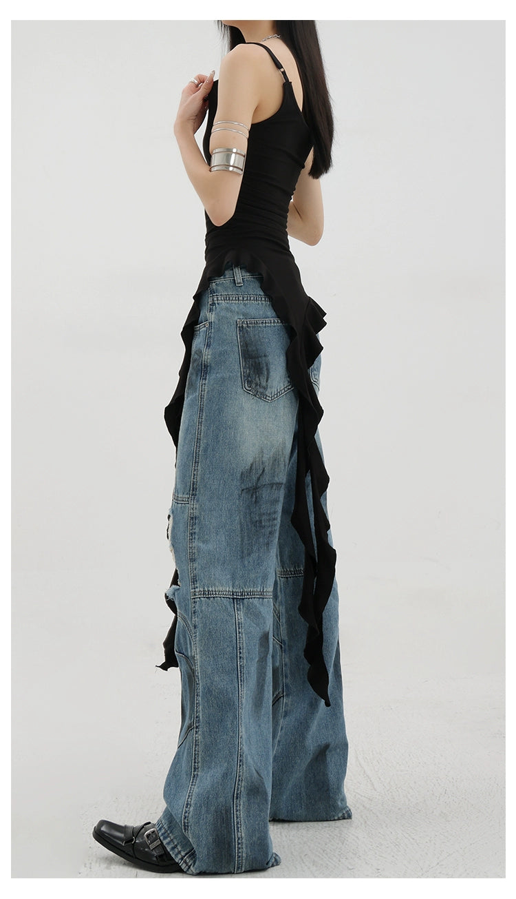 Vintage Distressed And Dirt-Dyed Patchwork Wide-Leg Jeans - chiclara