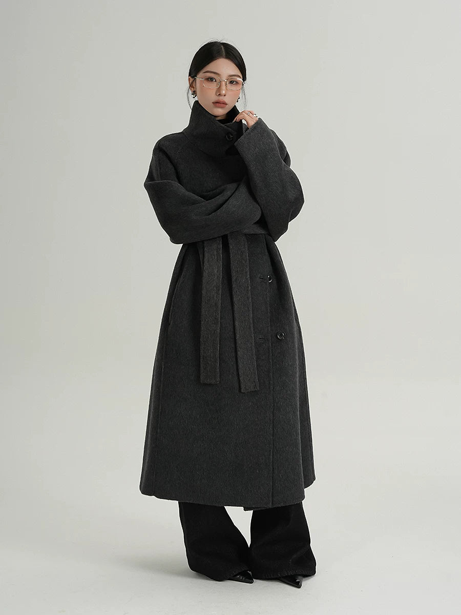 Cocoon Funnel-Belt Wool Coat