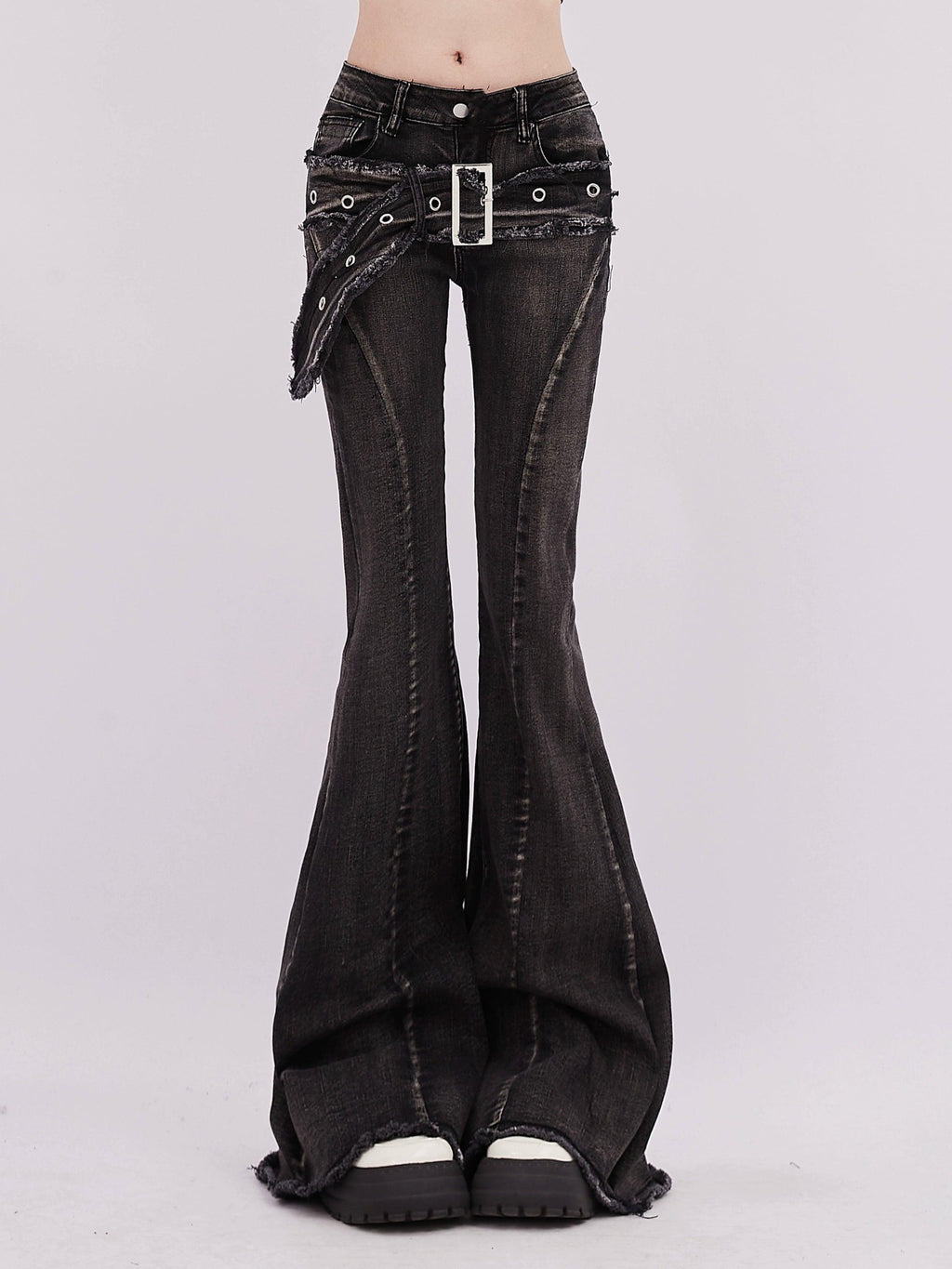 Rayohopp Retro Flared Denim Jeans Distressed Gray Wash with | Chiclara