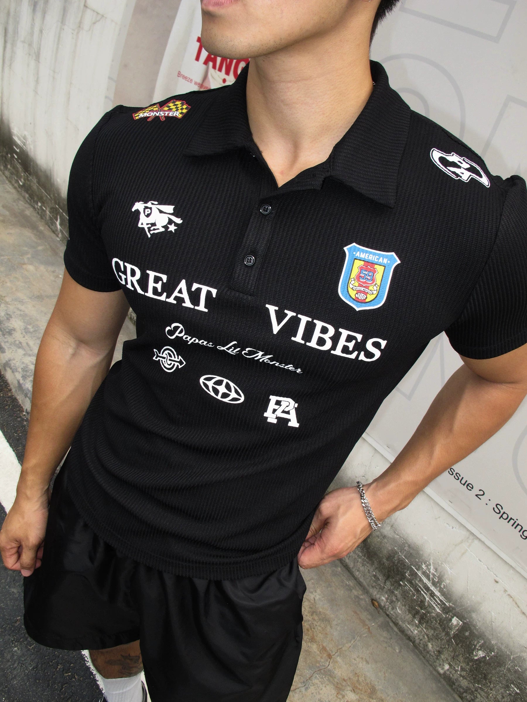 Great Vibes Black Graphic Polo Shirt