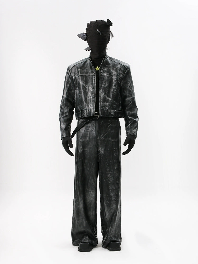 Distressed Black Faux Leather Jacket and Pants Setup