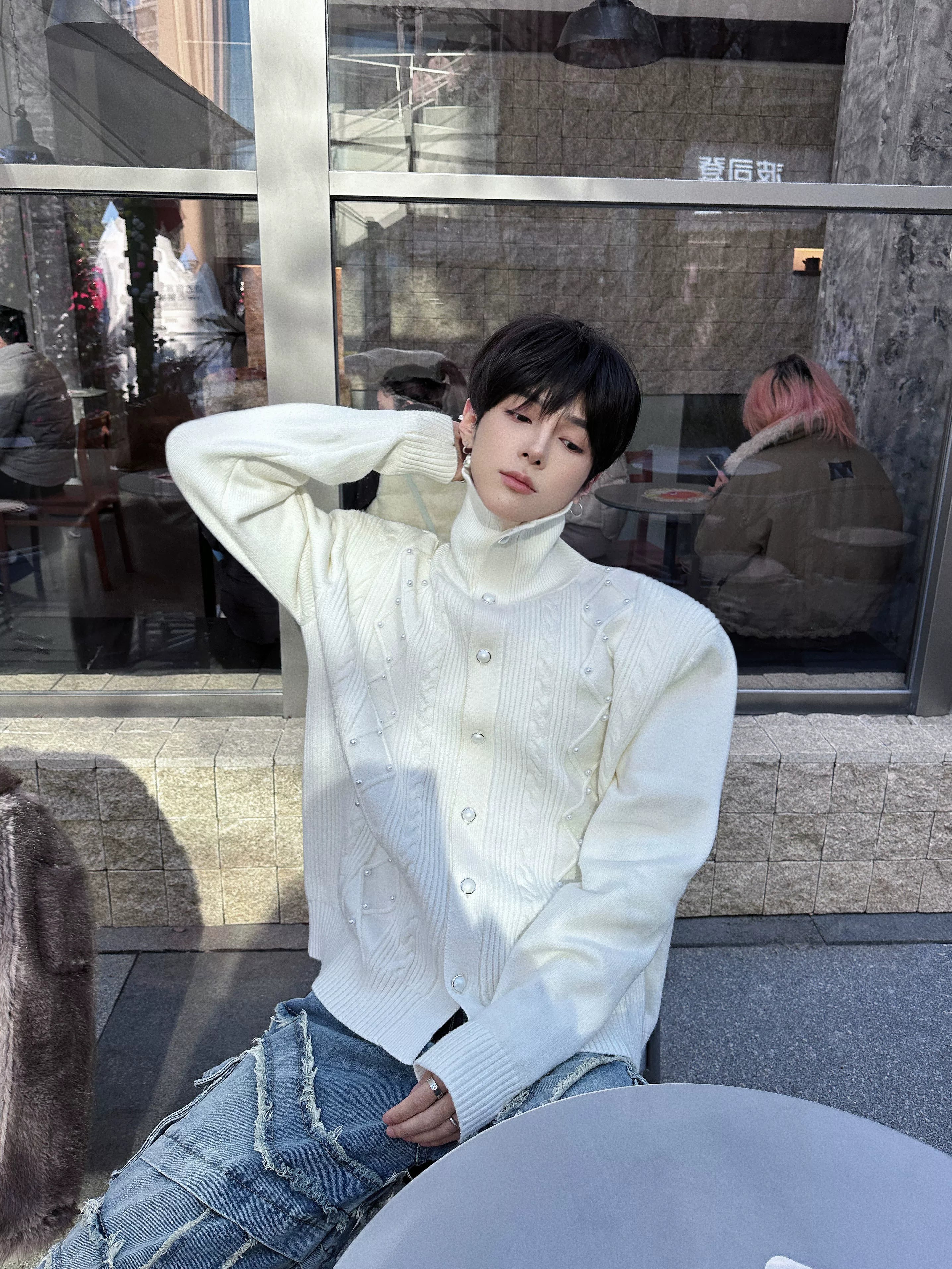 Lattice Snap-Spire Turtleneck Cardigan