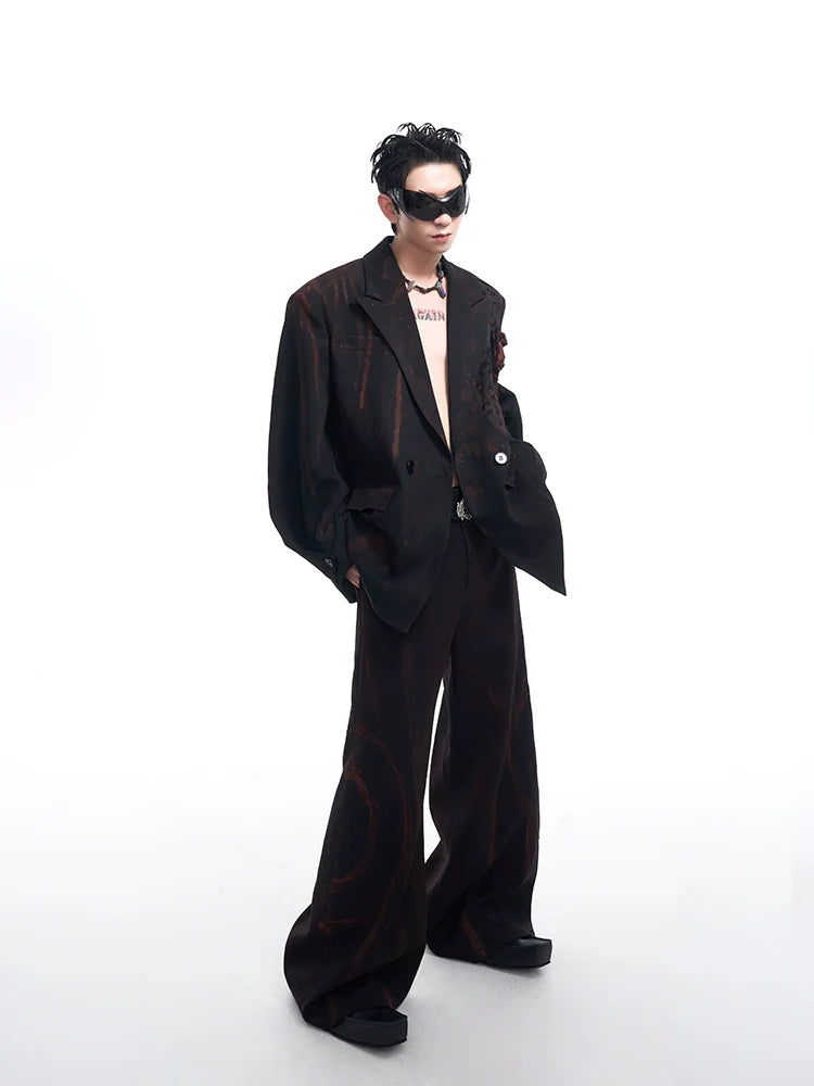 Black Floral Lapel Jacket and Wide Leg Pants Setup