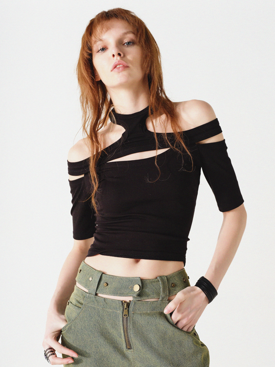 NORTH NODE Avant-Garde Cut-Out Crop Top - White and Charcoal