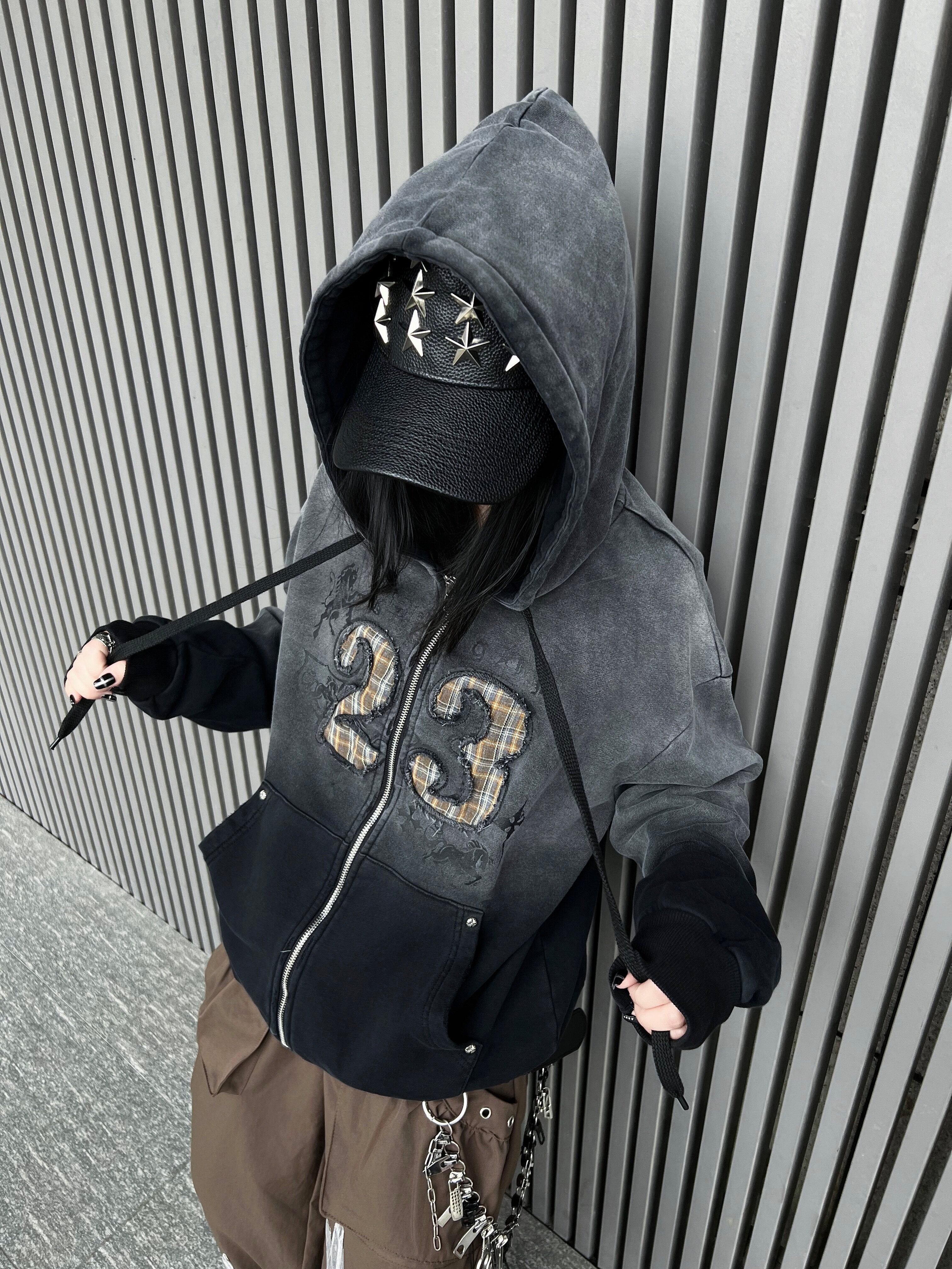 Men's Gradient Washed Cropped Oversized Zip-Up Hoodie