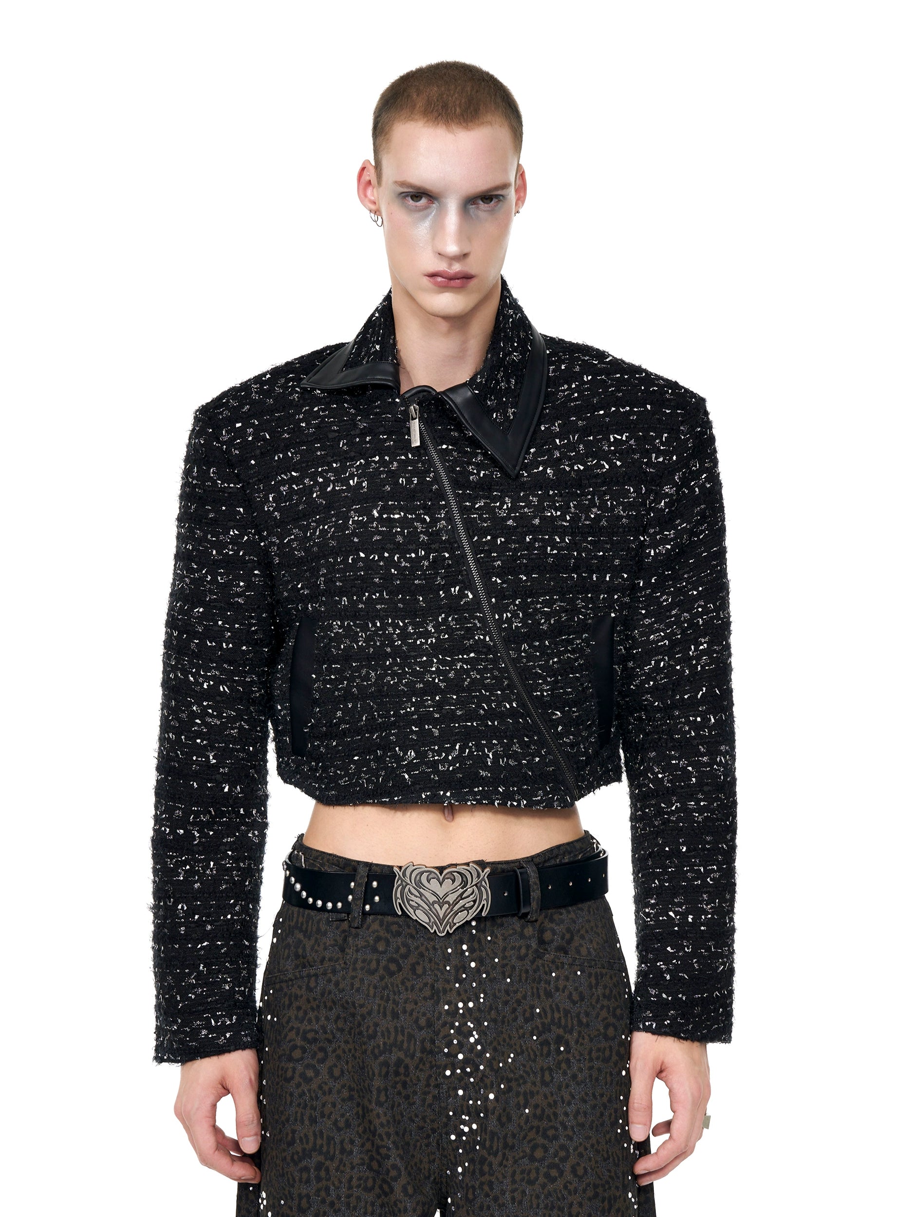 Cropped Black Tweed Jacket with Leather Collar and Asymmetric Zip
