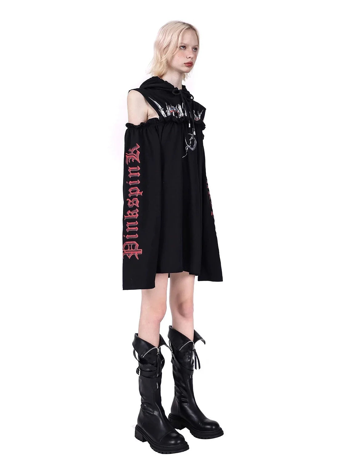 PINKSPINK Gothic Off-Shoulder Hoodie - Black